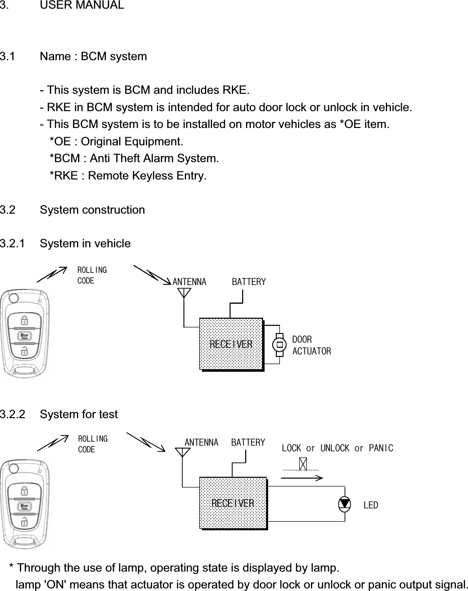 3. USER MANUAL3.1 Name : BCM system- This system is BCM and includes RKE.- RKE in BCM system is intended for auto door lock or unlock in vehicle.- This BCM system is to be installed on motor vehicles as *OE item.   *OE : Original Equipment.   *BCM : Anti Theft Alarm System.   *RKE : Remote Keyless Entry.3.2 System construction3.2.1 System in vehicle3.2.2 System for test   * Through the use of lamp, operating state is displayed by lamp.     lamp &apos;ON&apos; means that actuator is operated by door lock or unlock or panic output signal. ࣽऊऐँऊऎँࣿँअऒँऎࣾࣽऐऐँऎकऀऋऋऎࣽࣿऐऑࣽऐऋऎऎऋईईअऊःࣽऊऐँऊऊࣽऎँࣿँअऒँऎࣾࣽऐऐँऎकऀऋऋऎࣽࣿऐऑࣽऐऋऎऎऋईईअऊःࣿऋऀँࣽऊऐँऊऊࣽऎँࣿँअऒँऎࣾࣽऐऐँऎक ईऋࣿइࣜफमࣜऑऊईऋࣿइࣜफमࣜऌࣽऊअࣿईँऀऎऋईईअऊःࣿऋऀँ
