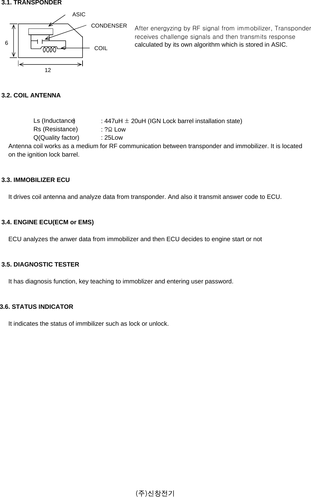  3.1. TRANSPONDERAfter energyzing by RF signal from immobilizer, Transponderreceives challenge signals and then transmits response calculated by its own algorithm which is stored in ASIC. 3.2. COIL ANTENNALs (Inductance) : 447uH ± 20uH (IGN Lock barrel installation state)Rs (Resistance)     : ?Ω LowQ(Quality factor) : 25Low     Antenna coil works as a medium for RF communication between transponder and immobilizer. It is located      on the ignition lock barrel. 3.3. IMMOBILIZER ECU     It drives coil antenna and analyze data from transponder. And also it transmit answer code to ECU. 3.4. ENGINE ECU(ECM or EMS)     ECU analyzes the anwer data from immobilizer and then ECU decides to engine start or not  3.5. DIAGNOSTIC TESTER     It has diagnosis function, key teaching to immoblizer and entering user password.3.6. STATUS INDICATOR          It indicates the status of immbilizer such as lock or unlock.ASIC612CONDENSERCOIL(주)신창전기