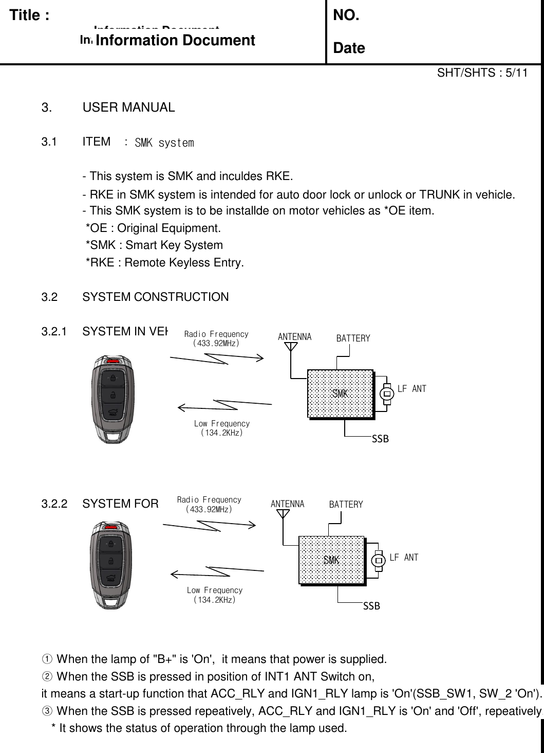   Title :  NO. DateSHT/SHTS : 5/113. USER MANUAL3.1 ITEM : SMK system- This system is SMK and inculdes RKE.  - RKE in SMK system is intended for auto door lock or unlock or TRUNK in vehicle. - This SMK system is to be installde on motor vehicles as *OE item. *OE : Original Equipment. *SMK : Smart Key System *RKE : Remote Keyless Entry.3.2 SYSTEM CONSTRUCTION3.2.1 SYSTEM IN VEHICLE3.2.2 SYSTEM FOR TEST ① When the lamp of &quot;B+&quot; is &apos;On&apos;,  it means that power is supplied.② When the SSB is pressed in position of INT1 ANT Switch on,it means a start-up function that ACC_RLY and IGN1_RLY lamp is &apos;On&apos;(SSB_SW1, SW_2 &apos;On&apos;).③ When the SSB is pressed repeatively, ACC_RLY and IGN1_RLY is &apos;On&apos; and &apos;Off&apos;, repeatively.   * It shows the status of operation through the lamp used.Information DocumentInformation DocumentInformation DocumentInformation DocumentRadio Frequency(433.92MHz)ANTENNABATTERYLF ANTSMKLow Frequency(134.2KHz)SSBRadio Frequency(433.92MHz)ANTENNABATTERYLF ANTSMKLow Frequency(134.2KHz)SSB