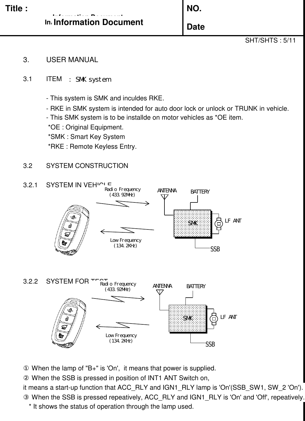 ICLETESTformation DocumentInformation DocumentInformation DocumentTitle :In  Information DocumentNO.DateSHT/SHTS : 5/113. USER MANUAL3.1 ITEM  : SMK system- This system is SMK and inculdes RKE.- RKE in SMK system is intended for auto door lock or unlock or TRUNK in vehicle. - This SMK system is to be installde on motor vehicles as *OE item.*OE : Original Equipment.*SMK : Smart Key System*RKE : Remote Keyless Entry.3.2 SYSTEM CONSTRUCTION3.2.1 SYSTEM IN VEHRadio Frequency(433.92MHz)Low FrequencyANTENNA  BATTERYSMKLF ANT3.2.2 SYSTEM FOR(134.2KHz)Radio Frequency(433.92MHz)Low Frequency(134.2KHz)ANTENNA  BATTERYSMKSSBSSBLF ANT① When the lamp of &quot;B+&quot; is &apos;On&apos;,  it means that power is supplied.② When the SSB is pressed in position of INT1 ANT Switch on,it means a start-up function that ACC_RLY and IGN1_RLY lamp is &apos;On&apos;(SSB_SW1, SW_2 &apos;On&apos;). ③ When the SSB is pressed repeatively, ACC_RLY and IGN1_RLY is &apos;On&apos; and &apos;Off&apos;, repeatively.* It shows the status of operation through the lamp used.