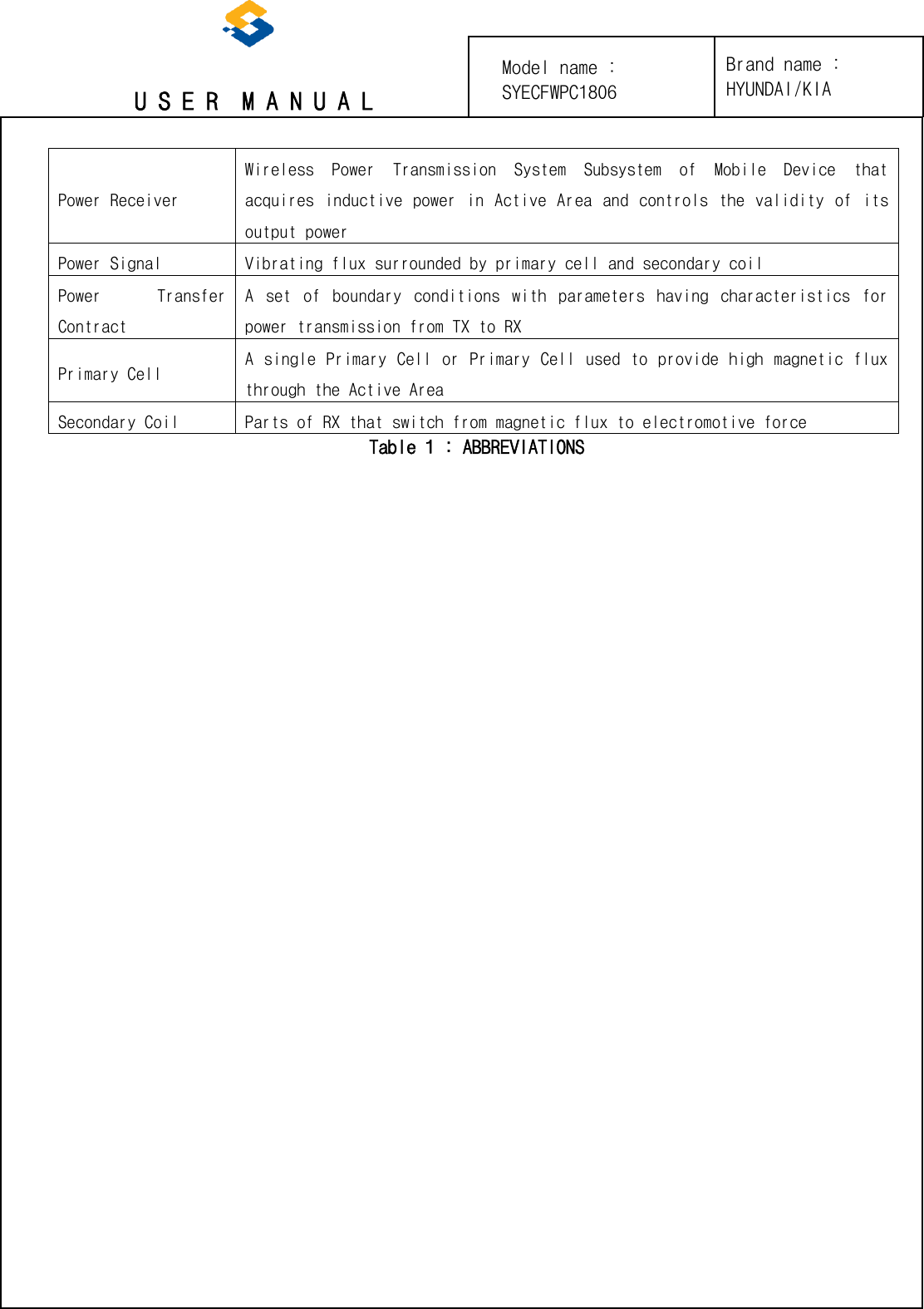 U S E R  M A N U A L Power Receiver Wireless  Power  Transmission  System  Subsystem  of  Mobile  Device  that acquires inductive power in Active Area and controls the validity of its output power Power Signal Vibrating flux surrounded by primary cell and secondary coil Power  Transfer Contract A  set  of  boundary  conditions  with  parameters  having  characteristics  for power transmission from TX to RX Primary Cell A single Primary Cell or Primary Cell used to provide high magnetic flux through the Active Area Secondary Coil Parts of RX that switch from magnetic flux to electromotive force Table 1 : ABBREVIATIONS Brand name : HYUNDAI/KIA Model name : SYECFWPC1806 