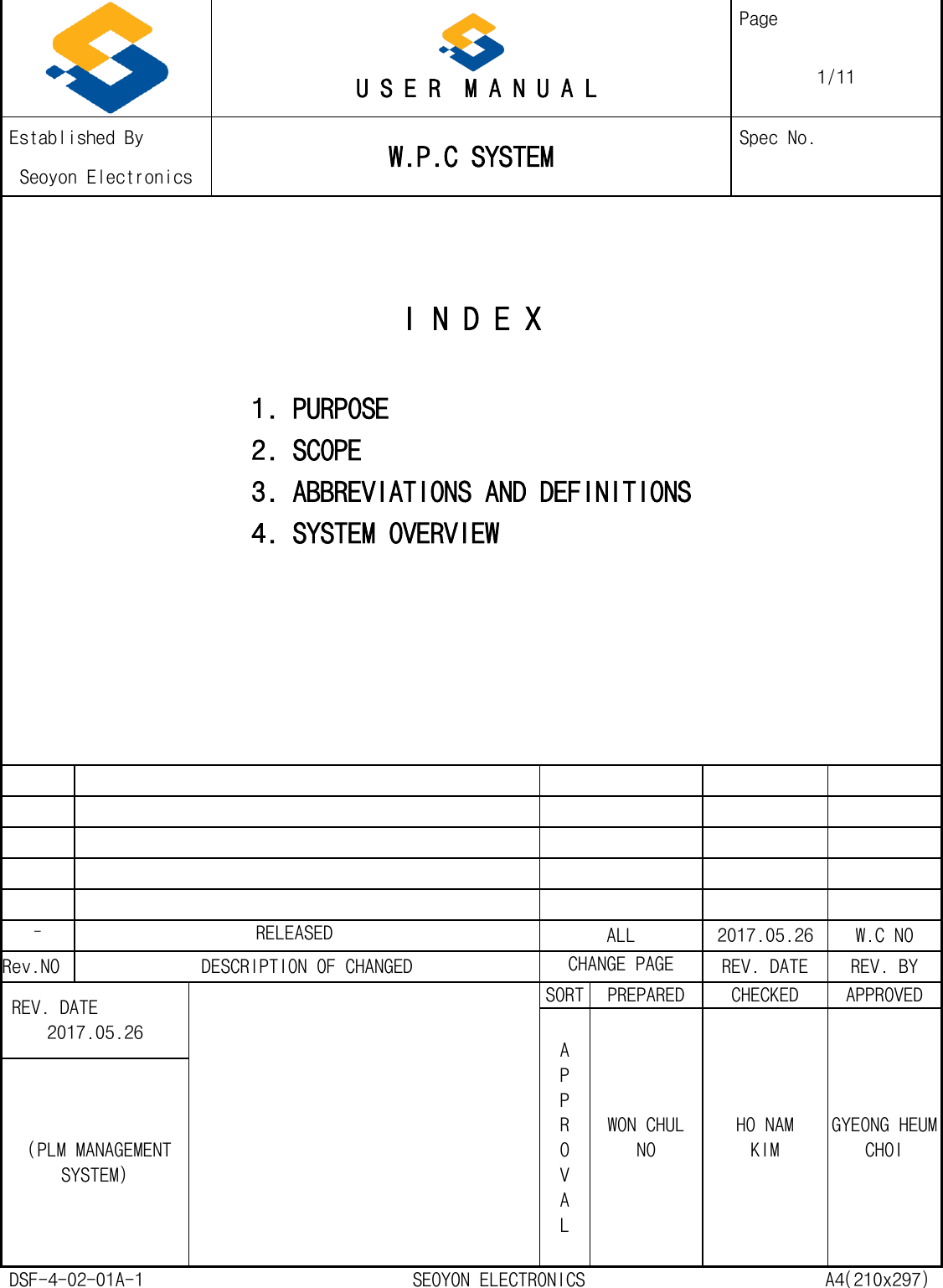    U S E R  M A N U A L Page 1/11 Established By W.P.C SYSTEM Spec No. Seoyon Electronics     I N D E X               1. PURPOSE              2. SCOPE              3. ABBREVIATIONS AND DEFINITIONS              4. SYSTEM OVERVIEW                          - RELEASED ALL 2017.05.26 W.C NO Rev.NO DESCRIPTION OF CHANGED CHANGE PAGE REV. DATE REV. BY REV. DATE 2017.05.26   SORT PREPARED CHECKED APPROVED  A P P R O V A L  WON CHUL NO HO NAM KIM GYEONG HEUM CHOI  (PLM MANAGEMENT SYSTEM) DSF-4-02-01A-1                            SEOYON ELECTRONICS                         A4(210x297) 