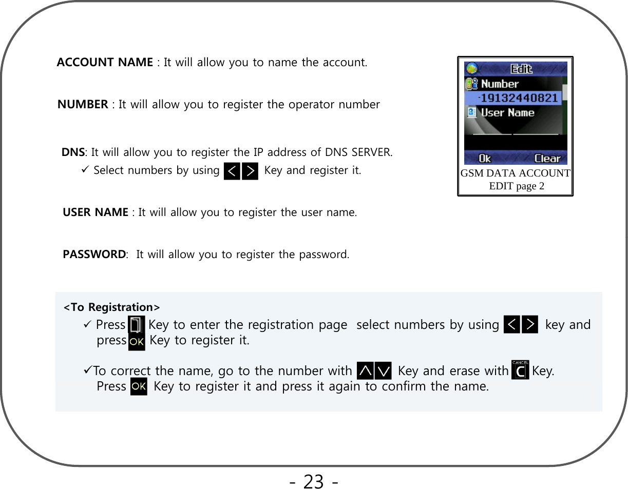 ACCOUNT NAME : It will allow you to name the account.NUMBER : It will allow you to register the operator numberDNS: It will allow you to register the IP address of DNS SERVER.GSM DATA ACCOUNT EDIT page 2Select numbers by using           Key and register it.USER NAME : It will allow you to register the user name.PASSWORD:  It will allow you to register the password.&lt;To Registration&gt;Press     Key to enter the registration page  select numbers by using          key and press     Key to register it. To correct the name, go to the number with          Key and erase with     Key.  PK iidiifih&lt;To Registration&gt; Press      Key to register it and press it again to confirm the name.   - 23 -