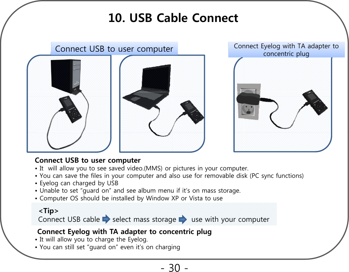 Connect USB to user computerConnect USB to user computer Connect Eyelog with TA adapter to ilConnect Eyelog with TA adapter to il10. USB Cable Connectppconcentric plugconcentric plugConnect USB to user computer • It  will allow you to see saved video.(MMS) or pictures in your computer.&lt;Tip&gt;• You can save the files in your computer and also use for removable disk (PC sync functions) • Eyelog can charged by USB   • Unable to set “guard on” and see album menu if it’s on mass storage. • Computer OS should be installed by Window XP or Vista to use &lt;Tip&gt;Connect USB cable     select mass storage      use with your computerConnect Eyelog with TA adapter to concentric plug  • It will allow you to charge the Eyelog. • You can still set “guard on” even it’s on charging- 30 -