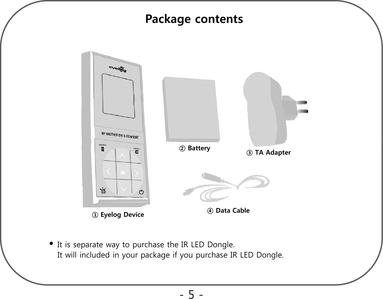 Package contents ② Battery③ TA Adapter①Eyelog Device ④ Data Cable•It is separate way to purchase the IR LED Dongle. It will included in your package if you purchase IR LED Dongle.-5 -