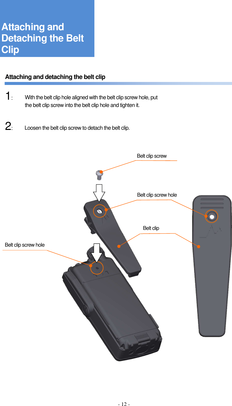 - 12 -     Attaching and detaching the belt clip      1:   2:                                     Loosen the belt clip screw to detach the belt clip.  With the belt clip hole aligned with the belt clip screw hole, put the belt clip screw into the belt clip hole and tighten it.  Belt clip screw Belt clip Belt clip screw hole Belt clip screw hole Attaching and Detaching the Belt Clip 