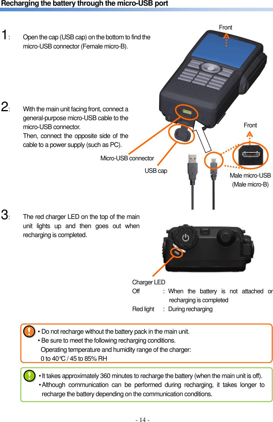 - 14 -  Recharging the battery through the micro-USB port       1:           2:               3:                 Micro-USB connector USB cap The red charger LED on the top of the main unit  lights  up  and  then  goes  out  when recharging is completed. Male micro-USB (Male micro-B) Charger LED Off  :  When  the  battery  is  not  attached  or recharging is completed Red light  :   During recharging Open the cap (USB cap) on the bottom to find the micro-USB connector (Female micro-B). With the main unit facing front, connect a general-purpose micro-USB cable to the micro-USB connector. Then, connect the opposite side of the cable to a power supply (such as PC). Front Front • Do not recharge without the battery pack in the main unit.   • Be sure to meet the following recharging conditions. Operating temperature and humidity range of the charger:   0 to 40°C / 45 to 85% RH • It takes approximately 360 minutes to recharge the battery (when the main unit is off). • Although  communication  can  be  performed  during  recharging,  it  takes  longer  to recharge the battery depending on the communication conditions.  