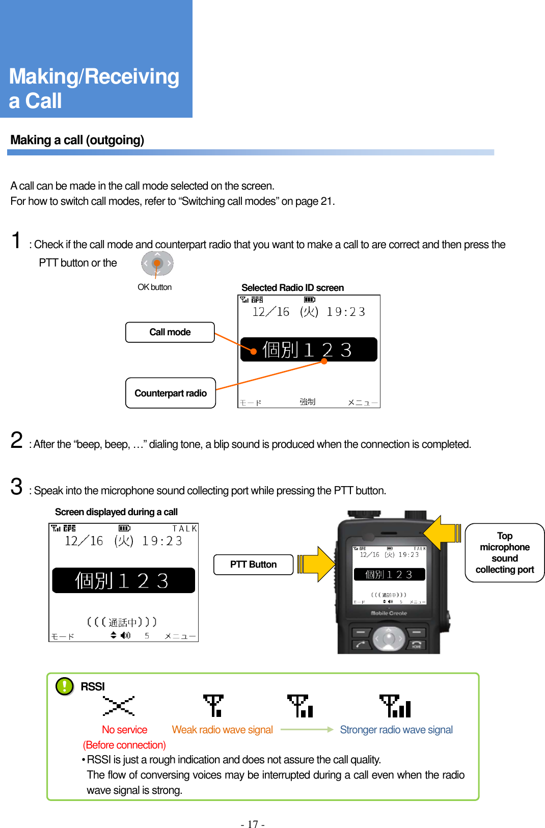 - 17 -    Making a call (outgoing)       A call can be made in the call mode selected on the screen.     For how to switch call modes, refer to “Switching call modes” on page 21.      1 : Check if the call mode and counterpart radio that you want to make a call to are correct and then press the PTT button or the                  .               2 : After the “beep, beep, …” dialing tone, a blip sound is produced when the connection is completed.      3 : Speak into the microphone sound collecting port while pressing the PTT button.                      Selected Radio ID screen Call mode Counterpart radio • RSSI is just a rough indication and does not assure the call quality. The flow of conversing voices may be interrupted during a call even when the radio wave signal is strong. RSSI No service  Weak radio wave signal                            Stronger radio wave signal (Before connection) PTT Button Top microphone sound collecting port OK button Screen displayed during a call Making/Receiving a Call 