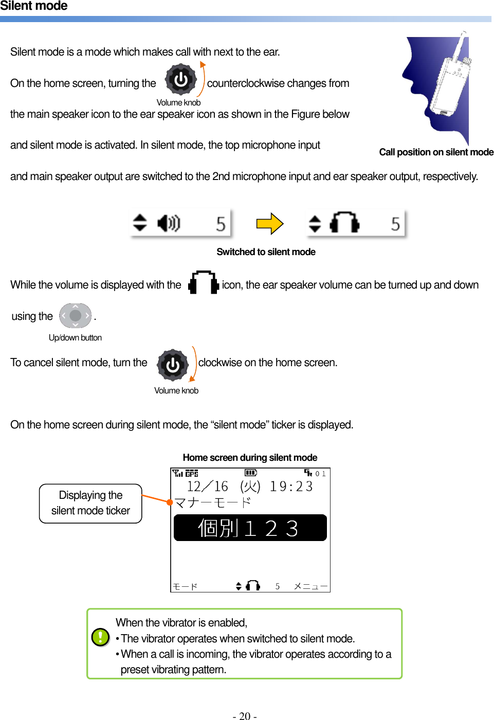 - 20 -   Silent mode   Silent mode is a mode which makes call with next to the ear.  On the home screen, turning the                    counterclockwise changes from  the main speaker icon to the ear speaker icon as shown in the Figure below    and silent mode is activated. In silent mode, the top microphone input    and main speaker output are switched to the 2nd microphone input and ear speaker output, respectively.       While the volume is displayed with the                icon, the ear speaker volume can be turned up and down  using the                .           To cancel silent mode, turn the                    clockwise on the home screen.            On the home screen during silent mode, the “silent mode” ticker is displayed.                        Volume knob Home screen during silent mode Displaying the silent mode ticker Up/down button Volume knob Switched to silent mode When the vibrator is enabled, • The vibrator operates when switched to silent mode. • When a call is incoming, the vibrator operates according to a preset vibrating pattern. Call position on silent mode  