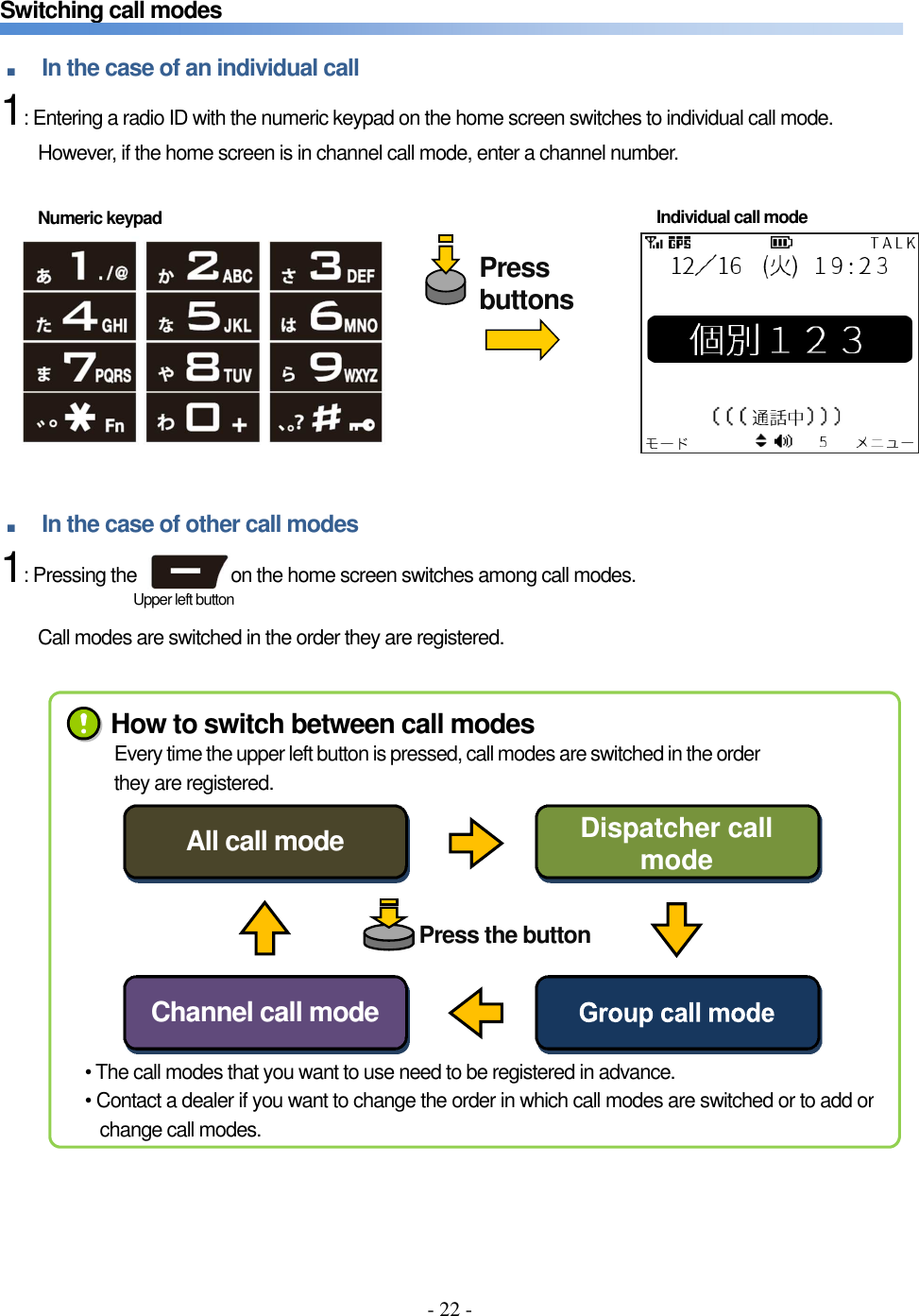 - 22 -   Switching call modes  ■ In the case of an individual call     1: Entering a radio ID with the numeric keypad on the home screen switches to individual call mode.             However, if the home screen is in channel call mode, enter a channel number.             ■ In the case of other call modes     1: Pressing the                    on the home screen switches among call modes.              Call modes are switched in the order they are registered.                         Upper left button Numeric keypad  Individual call mode How to switch between call modes • The call modes that you want to use need to be registered in advance. • Contact a dealer if you want to change the order in which call modes are switched or to add or change call modes.  Dispatcher call mode Channel call mode All call mode Every time the upper left button is pressed, call modes are switched in the order they are registered. Press buttons Press the button 