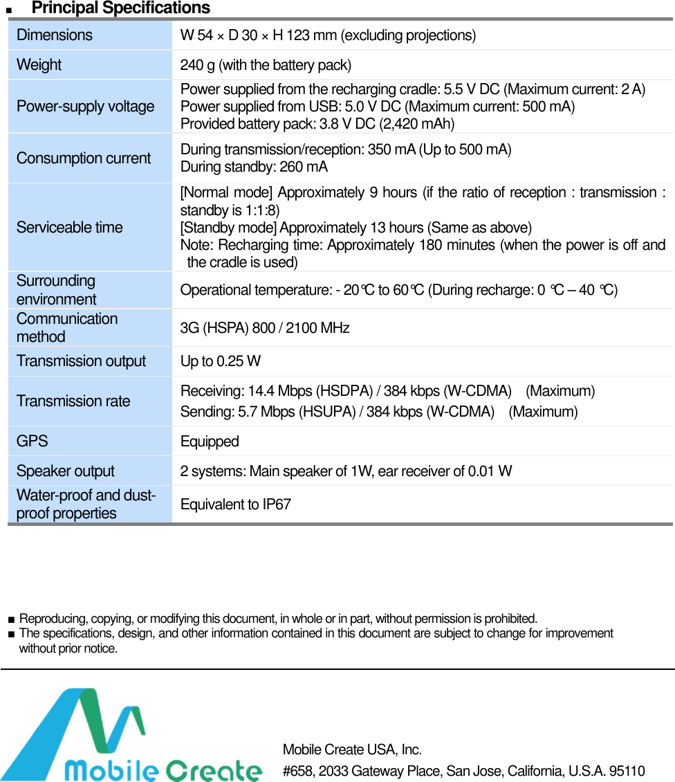             ■ Principal Specifications Dimensions W 54 × D 30 × H 123 mm (excluding projections) Weight 240 g (with the battery pack) Power-supply voltage Power supplied from the recharging cradle: 5.5 V DC (Maximum current: 2 A) Power supplied from USB: 5.0 V DC (Maximum current: 500 mA) Provided battery pack: 3.8 V DC (2,420 mAh) Consumption current During transmission/reception: 350 mA (Up to 500 mA) During standby: 260 mA Serviceable time [Normal mode] Approximately 9 hours (if the ratio of reception : transmission : standby is 1:1:8) [Standby mode] Approximately 13 hours (Same as above) Note: Recharging time: Approximately 180 minutes (when the power is off and the cradle is used) Surrounding environment Operational temperature: - 20°C to 60°C (During recharge: 0 °C – 40 °C) Communication method 3G (HSPA) 800 / 2100 MHz Transmission output Up to 0.25 W Transmission rate Receiving: 14.4 Mbps (HSDPA) / 384 kbps (W-CDMA)    (Maximum) Sending: 5.7 Mbps (HSUPA) / 384 kbps (W-CDMA)    (Maximum) GPS Equipped Speaker output 2 systems: Main speaker of 1W, ear receiver of 0.01 W Water-proof and dust-proof properties Equivalent to IP67              Mobile Create USA, Inc. #658, 2033 Gateway Place, San Jose, California, U.S.A. 95110 ■ Reproducing, copying, or modifying this document, in whole or in part, without permission is prohibited. ■ The specifications, design, and other information contained in this document are subject to change for improvement without prior notice.  