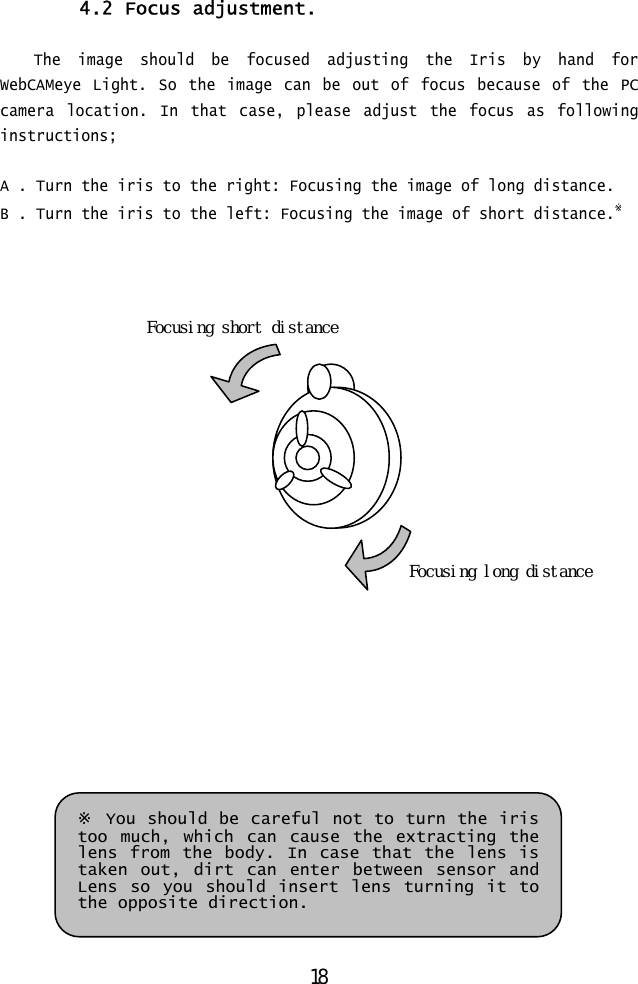  4.2 Focus adjustment.  The image should be focused adjusting the Iris by hand for WebCAMeye Light. So the image can be out of focus because of the PC camera location. In that case, please adjust the focus as following instructions;  A . Turn the iris to the right: Focusing the image of long distance. B . Turn the iris to the left: Focusing the image of short distance.※     18  Focusing short distance   Focusing long distance            ※ You should be careful not to turn the iris too much, which can cause the extracting the lens from the body. In case that the lens is taken out, dirt can enter between sensor and Lens so you should insert lens turning it to the opposite direction. 