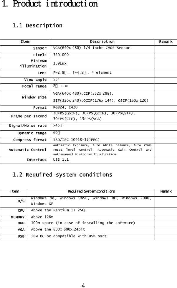  4 1. Product introduction  1.1 Description  Item Description Remark Sensor  VGA(640ⅹ480) 1/4 inche CMOS Sensor   Pixels  320,000  Minimum illumination  1.9Lux   Lens  F=2.8㎜, f=4.5㎜, 4 element   View angle  53°  Focal range  2㎝ ~ ∞  Window size VGA(640ⅹ480),CIF(352ⅹ288), SIF(320ⅹ240),QCIF(176ⅹ144), QSIF(160ⅹ120)  Format  RGB24, I420   Frame per second  30FPS(QSIF), 30FPS(QCIF), 30FPS(SIF),  30FPS(CIF), 15FPS(VGA)  Signal/Noise rate  &gt;45㏈  Dynamic range  60㏈  Compress format  ISO/IEC 10918-1(JPEG)   Automatic Control Automatic Exposure, Auto White balance, Auto COMS reset level control, Automatic Gain Control and auto/manual Histogram Equalization  Interface  USB 1.1    1.2 Required system conditions  Item  Required System conditions  Remark O/S  Windows 98, Windows 98SE, Windows ME, Windows 2000, Windows XP  CPU  Above the Pentium II 250㎒    MEMORY  Above 128M    HDD  100M space (in case of installing the software)   VGA  Above the 800ⅹ600ⅹ24bit    USB  IBM PC or compatible with USB port    