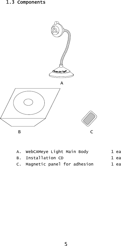  1.3 Components               A          B    C   A. WebCAMeye Light Main Body   1 ea B. Installation CD              1 ea C. Magnetic panel for adhesion  1 ea   5 