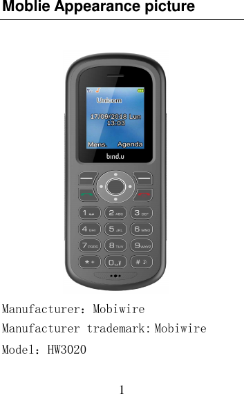 Page 1 of MOBIWIRE MOBILES HW3020 3G feature phone User Manual U M