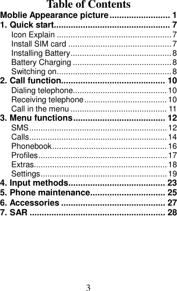 Page 3 of MOBIWIRE MOBILES HW3020 3G feature phone User Manual U M