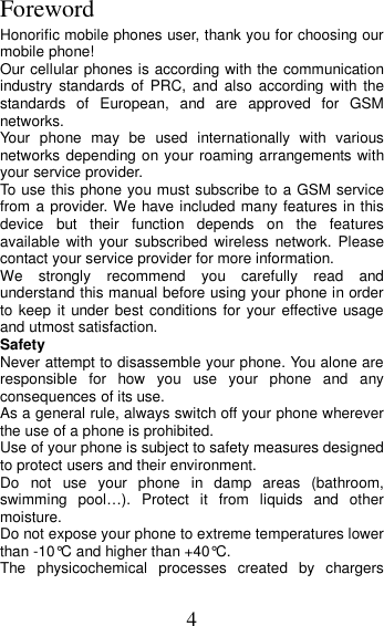 Page 4 of MOBIWIRE MOBILES HW3020 3G feature phone User Manual U M