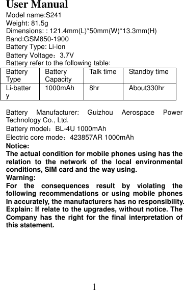 Page 1 of MOBIWIRE MOBILES S241 2G Feature Phone User Manual