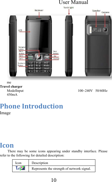 User Manual 10 me             Travel charger  ModelInput       100~240V  50/60Hz 450mA  57*(.&amp;&apos;(-+*/0%-$*(&amp;Image  &amp;&apos;%*(&amp;&amp;There  may  be  some  icons  appearing  under  standby  interface.  Please refer to the following for detailed description:  Icon Description  Represents the strength of network signal. 