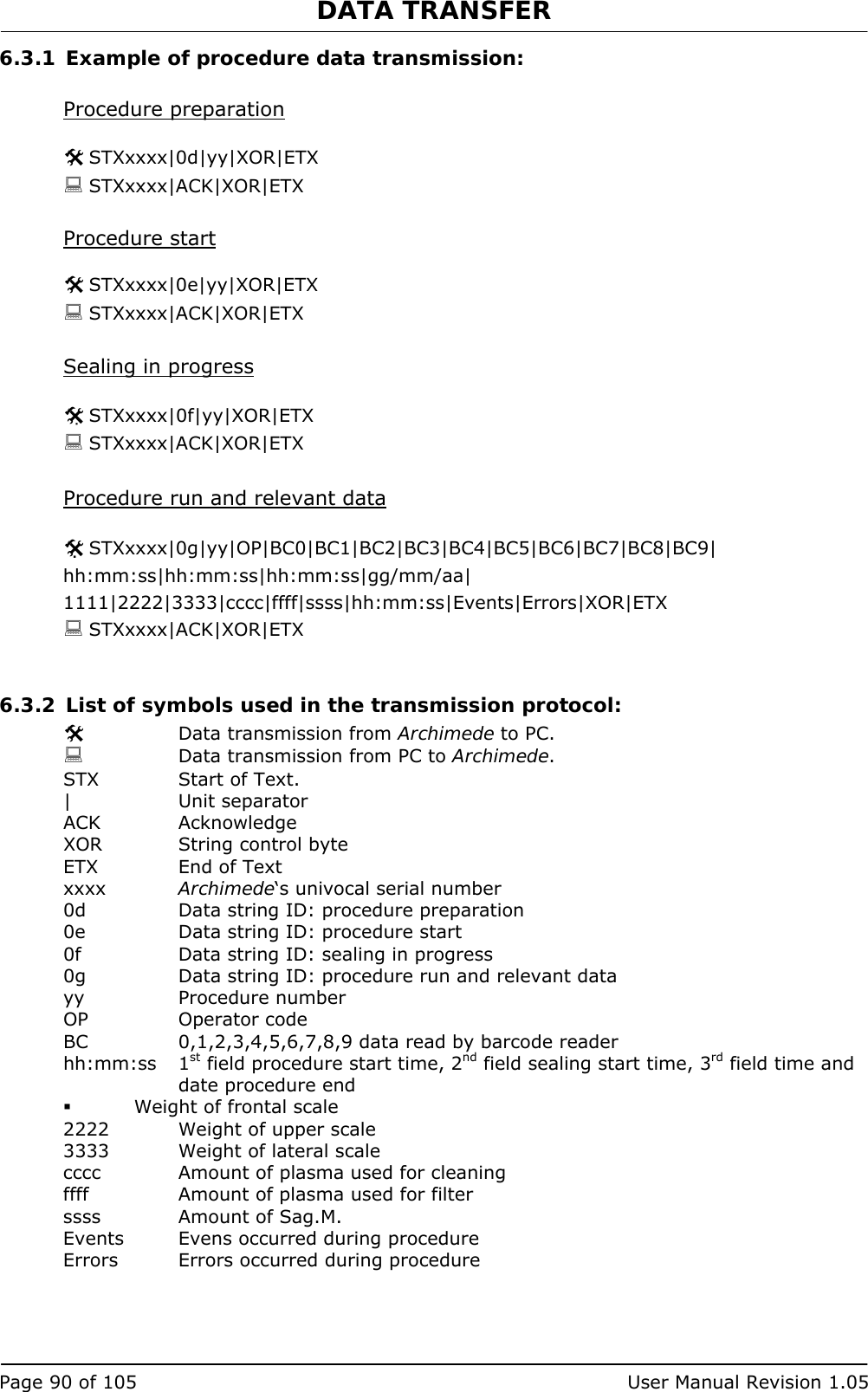 DATA TRANSFER   Page 90 of 105  User Manual Revision 1.05 6.3.1 Example of procedure data transmission:  Procedure preparation  # STXxxxx|0d|yy|XOR|ETX  STXxxxx|ACK|XOR|ETX  Procedure start  # STXxxxx|0e|yy|XOR|ETX  STXxxxx|ACK|XOR|ETX  Sealing in progress  # STXxxxx|0f|yy|XOR|ETX  STXxxxx|ACK|XOR|ETX  Procedure run and relevant data  # STXxxxx|0g|yy|OP|BC0|BC1|BC2|BC3|BC4|BC5|BC6|BC7|BC8|BC9| hh:mm:ss|hh:mm:ss|hh:mm:ss|gg/mm/aa| 1111|2222|3333|cccc|ffff|ssss|hh:mm:ss|Events|Errors|XOR|ETX  STXxxxx|ACK|XOR|ETX  6.3.2 List of symbols used in the transmission protocol: # Data transmission from Archimede to PC.  Data transmission from PC to Archimede. STX  Start of Text. | Unit separator ACK Acknowledge XOR  String control byte ETX  End of Text xxxx  Archimede‘s univocal serial number 0d  Data string ID: procedure preparation 0e  Data string ID: procedure start 0f  Data string ID: sealing in progress 0g  Data string ID: procedure run and relevant data yy Procedure number OP Operator code BC 0,1,2,3,4,5,6,7,8,9 data read by barcode reader hh:mm:ss 1st field procedure start time, 2nd field sealing start time, 3rd field time and date procedure end  Weight of frontal scale 2222 Weight of upper scale 3333 Weight of lateral scale cccc  Amount of plasma used for cleaning ffff  Amount of plasma used for filter ssss  Amount of Sag.M. Events  Evens occurred during procedure Errors  Errors occurred during procedure   