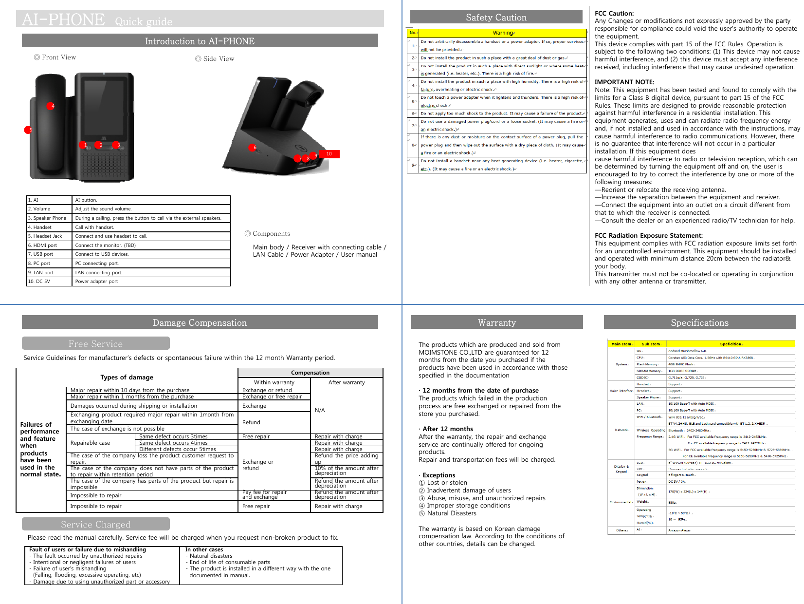 AI-PHONE  Quick guideIntroduction to AI-PHONE◎Front View ◎ Side ViewFCC Caution:Any Changes or modifications not expressly approved by the party responsible for compliance could void the user&apos;s authority to operate the equipment.This device complies with part 15 of the FCC Rules. Operation is subject to the following two conditions: (1) This device may not cause harmful interference, and (2) this device must accept any interference received including interference that may cause undesired operationSafety Cautionreceived, including interference that may cause undesired operation.IMPORTANT NOTE:Note: This equipment has been tested and found to comply with the limits for a Class B digital device, pursuant to part 15 of the FCC Rules. These limits are designed to provide reasonable protection against harmful interference in a residential installation. This equipment generates, uses and can radiate radio frequency energy and, if not installed and used in accordance with the instructions, may hflif di ii H h45cause harmful interference to radio communications. However, there is no guarantee that interference will not occur in a particular installation. If this equipment doescause harmful interference to radio or television reception, which can be determined by turning the equipment off and on, the user is encouraged to try to correct the interference by one or more of the following measures:—Reorient or relocate the receiving antenna.—Increase the separation between the equipment and receiver.1 2 3 67 8 9101AIAIbutton◎ ComponentsMain body / Receiver with connecting cable / LAN Cable / Power Adapter / User manual pqp—Connect the equipment into an outlet on a circuit different from    that to which the receiver is connected.—Consult the dealer or an experienced radio/TV technician for help.FCC Radiation Exposure Statement:This equipment complies with FCC radiation exposure limits set forth for an uncontrolled environment. This equipment should be installed and operated with minimum distance 20cm between the radiator&amp; your body.1. AIAIbutton. 2. Volume Adjust the sound volume.3. Speaker Phone During a calling, press the button to call via the external speakers. 4. Handset Call with handset. 5. Headset Jack Connect and use headset to call. 6. HDMI port Connect the monitor. (TBD)7. USB port Connect to USB devices. 8. PC port  PC connecting port. Damage Compensation Warranty Specificationsyour body.This transmitter must not be co-located or operating in conjunction with any other antenna or transmitter.9. LAN port LAN connecting port. 10. DC 5V Power adapter port The products which are produced and sold from MOIMSTONE CO.,LTD are guaranteed for 12 months from the date you purchased if the products have been used in accordance with those specified in the documentation· 12 months from the date of purchaseThe products which failed in the production Free ServiceService Guidelines for manufacturer’s defects or spontaneous failure within the 12 month Warranty period.Types of damage CompensationWithin warranty After warrantyMajor repair within 10 days from the purchase Exchange or refundMajor repair within 1 months from the purchase Exchange or free repairprocess are free exchanged or repaired from the store you purchased.· After 12 monthsAfter the warranty, the repair and exchange service are continually offered for ongoing products.Repair and transportation fees will be charged.Failures ofperformanceand featurewhenproductshave beenusedintheN/ADamages occurred during shipping or installation ExchangeExchanging product required major repair within 1month fromexchanging date RefundThe case of exchange is not possibleRepairable caseSame defect occurs 3times Free repair Repair with chargeSame defect occurs 4timesExchange orrefundRepair with chargeDifferent defects occur 5times Repair with chargeThecaseofthecompanylosstheproductcustomerrequesttorepair.Refund the price addingupThecaseofthecompanydoesnothavepartsoftheproduct10%oftheamountafter· Exceptions① Lost or stolen② Inadvertent damage of users③ Abuse, misuse, and unauthorized repairs④ Improper storage conditions⑤ Natural DisastersThe warranty is based on Korean damage compensation law According to the conditions ofusedinthenormal state.refundThecaseofthecompanydoesnothavepartsoftheproductto repair within retention period10%oftheamountafterdepreciationThe case of the company has parts of the product but repair isimpossibleRefund the amount afterdepreciationImpossible to repair Pay fee for repairand exchange Refund the amount afterdepreciationImpossible to repair Free repair Repair with chargeService ChargedPldthlfllSifillbhdhtbkdttficompensation law. According to the conditions of other countries, details can be changed.Please readthe manualcarefully.Servicefee willbechargedwhen you requestnon-broken producttofix.Fault of users or failure due to mishandling- The fault occurred by unauthorized repairs- Intentional or negligent failures of users- Failure of user’s mishandling(Falling, flooding, excessive operating, etc)- Damage due to using unauthorized part or accessoryIn other cases- Natural disasters- End of life of consumable parts- The product is installed in a different way with the onedocumented in manual.