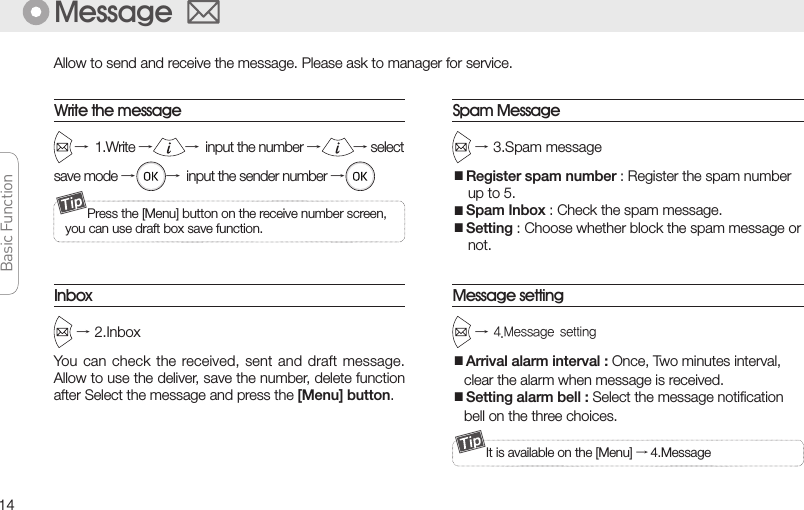 14Message settingAccessoriesAllow to send and receive the message. Please ask to manager for service.MessageWrite the message  Press the [Menu] button on the receive number screen,you can use draft box save function.Inbox Spam Message      →1.Write →→input the number →→ selectsave mode →         →input the sender number →→3.Spam message■Register spam number : Register the spam number    up to 5.■Spam Inbox : Check the spam message.■Setting : Choose whether block the spam message or    not.→2.InboxYou can  check the  received, sent and draft message. Allow to use the deliver, save the number, delete function after Select the message and press the [Menu] button.→4.Messagesetting■Arrival alarm interval : Once, Two minutes interval,   clear the alarm when message is received.■Setting alarm bell : Select the message notiﬁcation   bell on the three choices.[Menu] →5.Accessories →1.Outside function■Auto answer setting : When you go out, you can set  the auto answer and clear the auto answer.■Missed call SMS : You can send the SMS to missed   call number.Outside function  It is available on the [Menu] → 4.Message     Press the [Menu] button to delete and add alarmAlarm   You can set and clear the alarm.■How to set : [Menu] → 5.Accessories → 3.Alarm →   Select setting →→ Input time →→Select   interval →→               Select bell type →■How to clear : [Menu] → 5.Accessories → 3. Alarm →               Select Clear →Morning call You can set and clear the morning call.■How to set : [Menu] →5.Accessories →2.Morning call →               Select setting →→ Input time →→   Select interval →→               Select the repeat interval  and times →→               Select bell type  →■How to clear : [Menu] →5.Accessories → 2.Morning call →                  Select Clear →Basic Function