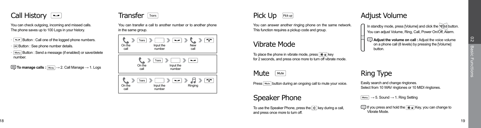 18 19Basic Functions02Ring TypeEasily search and change ringtones.Select from 10 WAV ringtones or 10 MIDI ringtones.  → 5. Sound → 1. Ring Setting If you press and hold the   Key, you can change to    Vibrate Mode.Speaker PhoneTo use the Speaker Phone, press the   key during a call,and press once more to turn off.Adjust VolumeIn standby mode, press [Volume] and click the   button.You can adjust Volume, Ring, Call, Power On/Off, Alarm. Adjust the volume on call : Adjust the voice volume    on a phone call (8 levels) by pressing the [Volume]   button.Vibrate ModeTo place the phone in vibrate mode, press   keyfor 2 seconds, and press once more to turn off vibrate mode.TransferYou can transfer a call to another number or to another phone in the same group.Pick UpYou can answer another ringing phone on the same network. This function requires a pickup code and group.NewcallOn the callInput thenumberOn the callInput thenumberRingingOn the callInput thenumberMutePress   button during an ongoing call to mute your voice.Call HistoryYou can check outgoing, incoming and missed calls.The phone saves up to 100 Logs in your history.·   Button : Call one of the logged phone numbers.·   Button : See phone number details.·   Button : Send a message (if enabled) or save/delete   number. To manage calls :   → 2. Call Manage → 1. Logs