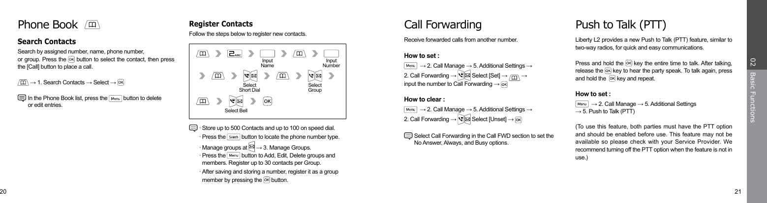 20 21Basic Functions02Push to Talk (PTT)Liberty L2 provides a new Push to Talk (PTT) feature, similar to two-way radios, for quick and easy communications. Press and hold the   key the entire time to talk. After talking,  release the   key to hear the party speak. To talk again, press and hold the    key and repeat.How to set :  → 2. Call Manage → 5. Additional Settings→ 5. Push to Talk (PTT)(To use  this  feature, both parties must have the PTT option and should be enabled before use. This feature may not be available so  please  check with your  Service Provider. We recommend turning off the PTT option when the feature is not in use.)Call ForwardingReceive forwarded calls from another number.How to set :  → 2. Call Manage → 5. Additional Settings →2. Call Forwarding →   Select [Set] →   →input the number to Call Forwarding → How to clear :  → 2. Call Manage → 5. Additional Settings →2. Call Forwarding →   Select [Unset] →  Select Call Forwarding in the Call FWD section to set the  No Answer, Always, and Busy options.Follow the steps below to register new contacts.Register ContactsPhone BookSearch by assigned number, name, phone number,or group. Press the   button to select the contact, then press the [Call] button to place a call.  → 1. Search Contacts → Select →  In the Phone Book list, press the   button to delete     or edit entries.Search ContactsInputNameInputNumberSelectShort DialSelectGroupSelect Bell · Store up to 500 Contacts and up to 100 on speed dial. · Press the   button to locate the phone number type. · Manage groups at   → 3. Manage Groups.  · Press the   button to Add, Edit, Delete groups and     members. Register up to 30 contacts per Group.  · After saving and storing a number, register it as a group      member by pressing the   button.