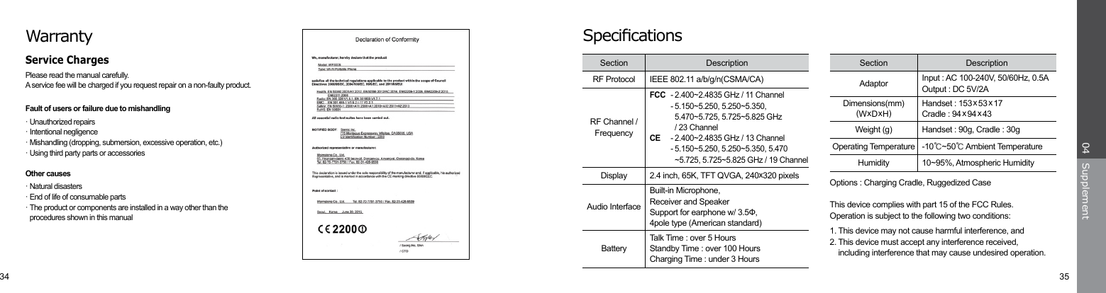 34 35Supplement04SpecicationsOptions : Charging Cradle, Ruggedized CaseThis device complies with part 15 of the FCC Rules.Operation is subject to the following two conditions:1. This device may not cause harmful interference, and 2. This device must accept any interference received,  including interference that may cause undesired operation.IEEE 802.11 a/b/g/n(CSMA/CA)RF Protocol 2.4 inch, 65K, TFT QVGA, 240x320 pixelsDisplayFCC  - 2.400~2.4835 GHz / 11 Channel  - 5.150~5.250, 5.250~5.350,      5.470~5.725, 5.725~5.825 GHz    / 23 ChannelCE  - 2.400~2.4835 GHz / 13 Channel  - 5.150~5.250, 5.250~5.350, 5.470    ~5.725, 5.725~5.825 GHz / 19 ChannelRF Channel /FrequencyTalk Time : over 5 HoursStandby Time : over 100 Hours Charging Time : under 3 HoursBatteryBuilt-in Microphone,Receiver and SpeakerSupport for earphone w/ 3.5Ф,4pole type (American standard)Audio InterfaceSection DescriptionInput : AC 100-240V, 50/60Hz, 0.5AOutput : DC 5V/2AAdaptorHandset : 90g, Cradle : 30gWeight (g)-10℃~50℃ Ambient Temperature10~95%, Atmospheric Humidity Operating TemperatureHumidityHandset : 153 x53 x17Cradle : 94 x94 x43Dimensions(mm)(WxDxH)Section DescriptionWarrantyService ChargesPlease read the manual carefully.A service fee will be charged if you request repair on a non-faulty product.Fault of users or failure due to mishandling· Unauthorized repairs· Intentional negligence· Mishandling (dropping, submersion, excessive operation, etc.)· Using third party parts or accessoriesOther causes· Natural disasters· End of life of consumable parts· The product or components are installed in a way other than the  procedures shown in this manual