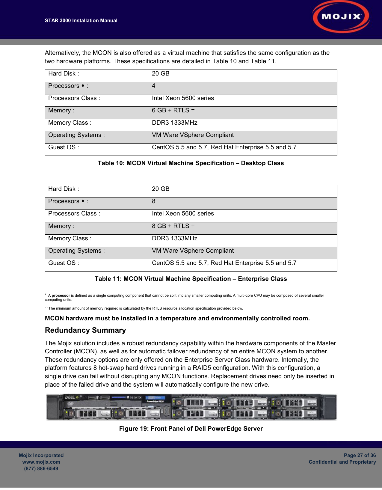 STAR 3000 Installation Manual         Mojix Incorporated www.mojix.com (877) 886-6549  Page 27 of 36 Confidential and Proprietary  Alternatively, the MCON is also offered as a virtual machine that satisfies the same configuration as the two hardware platforms. These specifications are detailed in Table 10 and Table 11. Hard Disk :  20 GB   Processors  :  4  Processors Class :  Intel Xeon 5600 series Memory :  6 GB + RTLS  Memory Class :  DDR3 1333MHz Operating Systems :  VM Ware VSphere Compliant  Guest OS :   CentOS 5.5 and 5.7, Red Hat Enterprise 5.5 and 5.7 Table 10: MCON Virtual Machine Specification – Desktop Class   Hard Disk :  20 GB   Processors  :  8 Processors Class :  Intel Xeon 5600 series Memory :  8 GB + RTLS  Memory Class :  DDR3 1333MHz Operating Systems :  VM Ware VSphere Compliant  Guest OS :   CentOS 5.5 and 5.7, Red Hat Enterprise 5.5 and 5.7 Table 11: MCON Virtual Machine Specification – Enterprise Class   - A processor is defined as a single computing component that cannot be split into any smaller computing units. A multi-core CPU may be composed of several smaller computing units.   - The minimum amount of memory required is calculated by the RTLS resource allocation specification provided below.   MCON hardware must be installed in a temperature and environmentally controlled room.  Redundancy Summary The Mojix solution includes a robust redundancy capability within the hardware components of the Master Controller (MCON), as well as for automatic failover redundancy of an entire MCON system to another. These redundancy options are only offered on the Enterprise Server Class hardware. Internally, the platform features 8 hot-swap hard drives running in a RAID5 configuration. With this configuration, a single drive can fail without disrupting any MCON functions. Replacement drives need only be inserted in place of the failed drive and the system will automatically configure the new drive.  Figure 19: Front Panel of Dell PowerEdge Server 