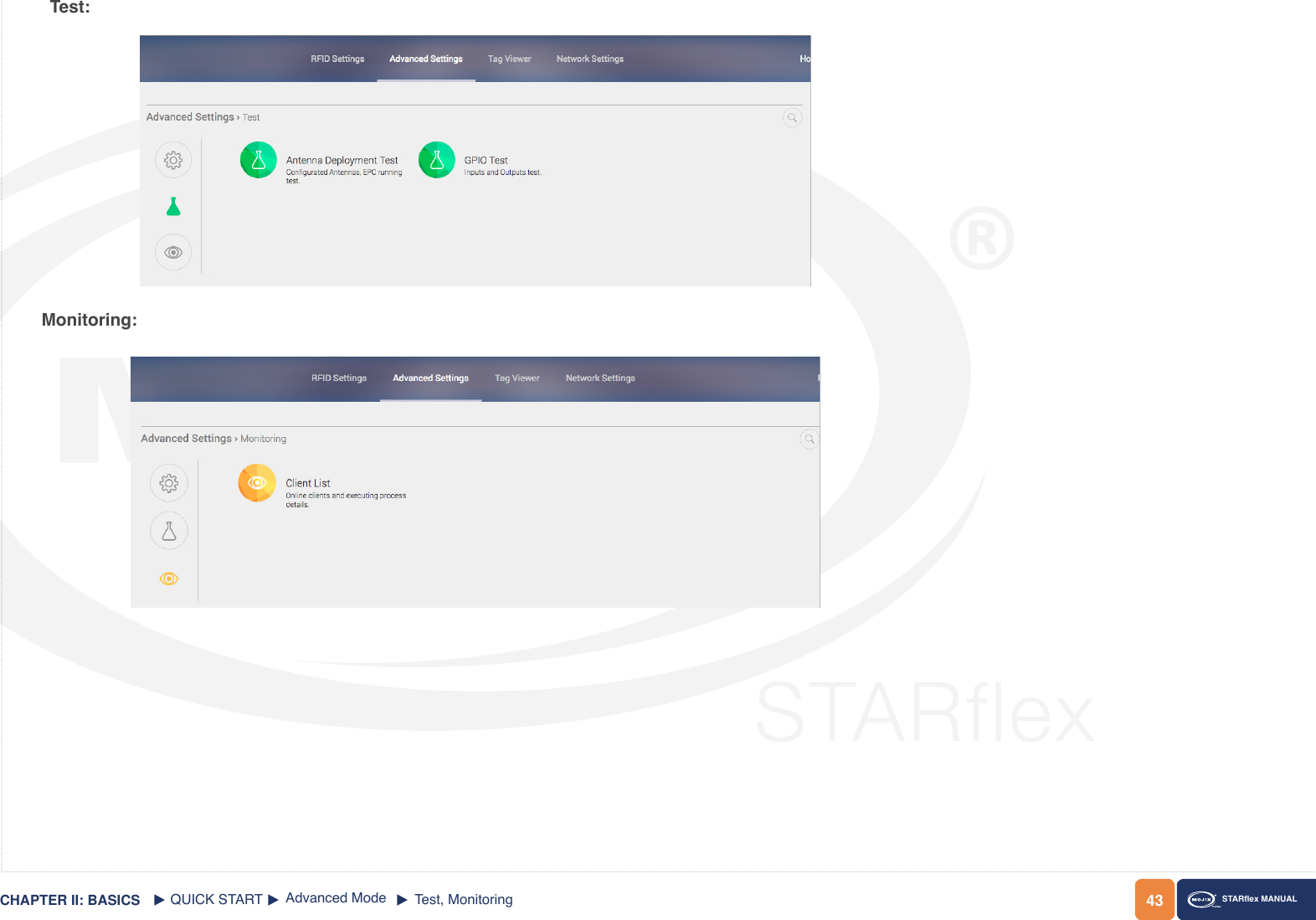 43 STARex MANUALCHAPTER II: BASICSTest:Monitoring:QUICK START Advanced Mode Test, Monitoring