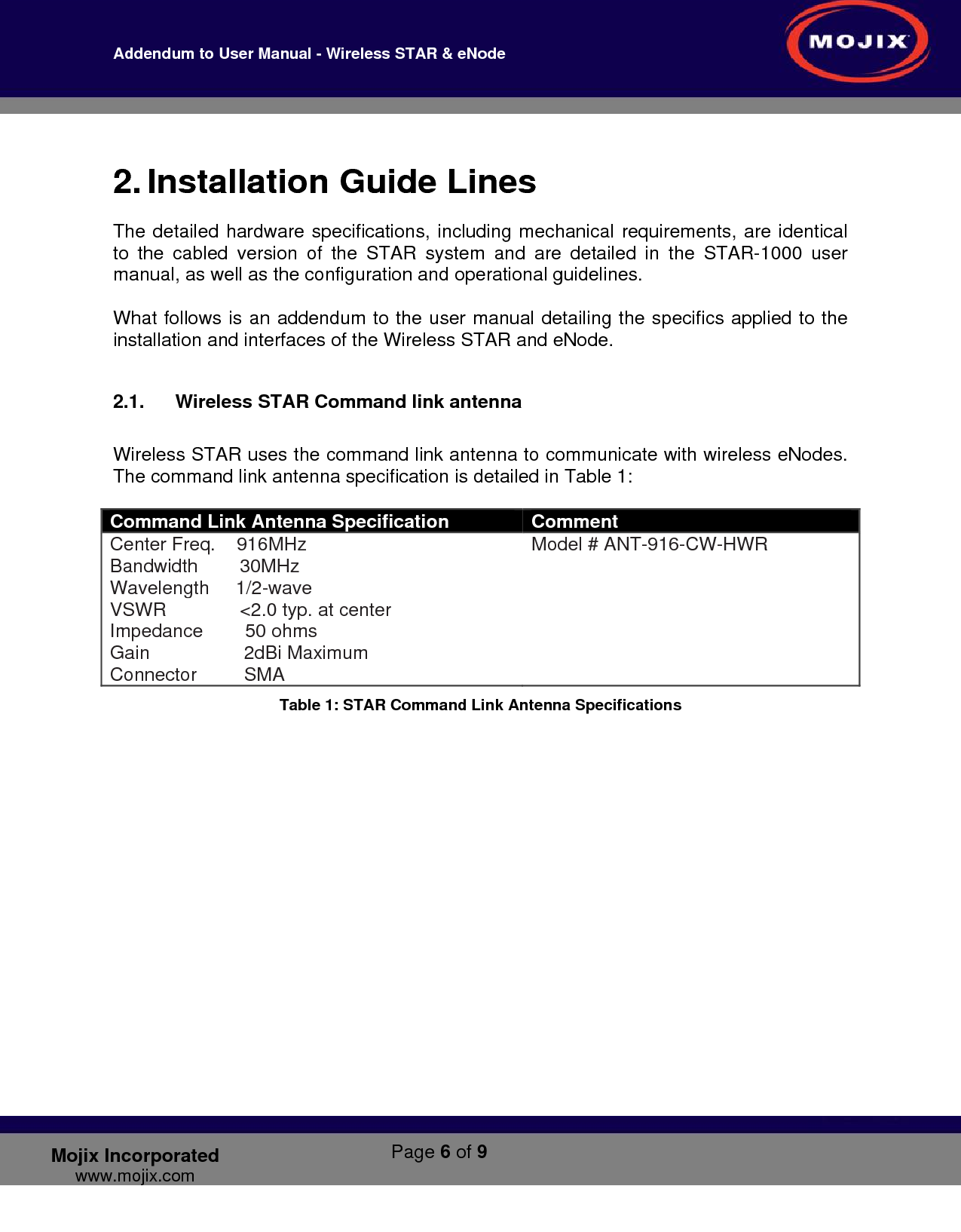Addendum to User Manual - Wireless STAR &amp; eNode        Page 6 of 9   Mojix Incorporated www.mojix.com 2. Installation Guide Lines The detailed hardware specifications, including mechanical requirements, are identical to the cabled version of the STAR system and are detailed in the STAR-1000 user manual, as well as the configuration and operational guidelines.   What follows is an addendum to the user manual detailing the specifics applied to the installation and interfaces of the Wireless STAR and eNode.  2.1.  Wireless STAR Command link antenna  Wireless STAR uses the command link antenna to communicate with wireless eNodes. The command link antenna specification is detailed in Table 1:  Command Link Antenna Specification  Comment Center Freq.    916MHz Bandwidth        30MHz Wavelength     1/2-wave VSWR              &lt;2.0 typ. at center Impedance        50 ohms Gain                  2dBi Maximum Connector         SMA Model # ANT-916-CW-HWR Table 1: STAR Command Link Antenna Specifications 