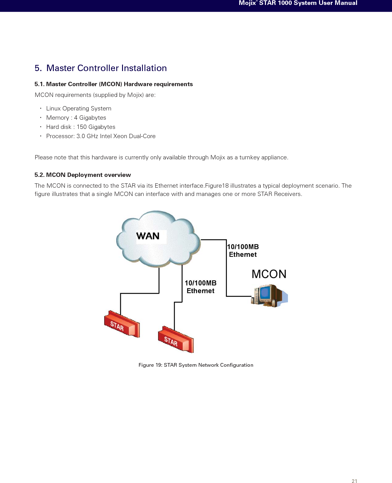 Mojix® STAR 1000 System User Manual215.  Master Controller Installation5.1. Master Controller (MCON) Hardware requirementsMCON requirements (supplied by Mojix) are:Linux Operating System †Memory : 4 Gigabytes †Hard disk : 150 Gigabytes †Processor: 3.0 GHz Intel Xeon Dual-Core †Please note that this hardware is currently only available through Mojix as a turnkey appliance.5.2. MCON Deployment overviewThe MCON is connected to the STAR via its Ethernet interface.Figure18 illustrates a typical deployment scenario. The ﬁgure illustrates that a single MCON can interface with and manages one or more STAR Receivers.  Figure 19: STAR System Network Conﬁguration