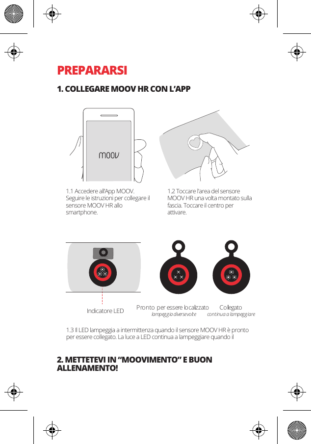 PREPARARSI1. COLLEGARE MOOV HR CON L&rsquo;APP2. METTETEVI IN &ldquo;MOOVIMENTO&rdquo; E BUON ALLENAMENTO!Pronto  per essere localizzato  lampeg gia  diverse volt eCo llegatocontinua a lampeggiareIndicatore LED 1.1 Accedere all&rsquo;App MOOV. Seguire le istruzioni per collegare il sensore MOOV HR allo smartphone.1.2 Toccare l'area del sensore MOOV HR una volta montato sulla fascia. Toccare il centro per attivare.1.3 Il LED lampeggia a intermittenza quando il sensore MOOV HR &egrave; pronto per essere collegato. La luce a LED continua a lampeggiare quando il 