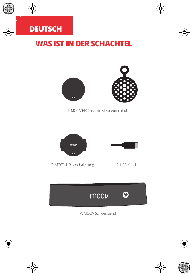 DEUTSCHWAS IST IN DER SCHACHTEL1. MOOV HR Core mit Silikongummih&uuml;lle4. MOOV Schwei&szlig;band2. MOOV HR Ladehalterung 3. USB-Kabel