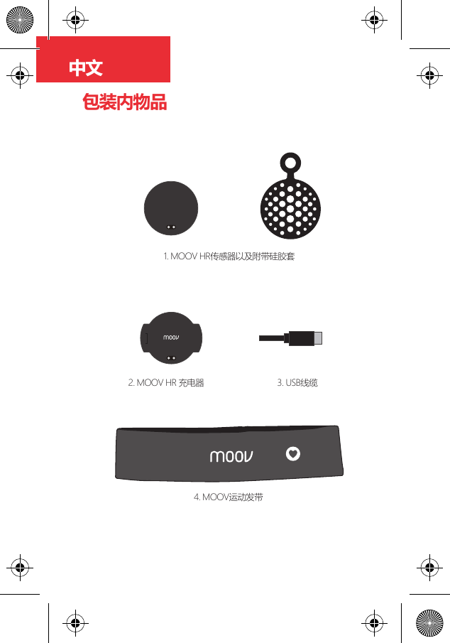 中文包装内物品1. MOOV HR传感器以及附带硅胶套4. MOOV运动发带2. MOOV HR 充电器  3. USB线缆