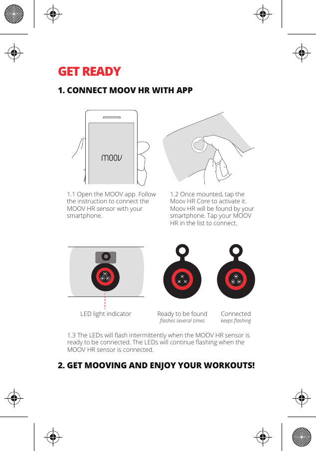 GET READY1. CONNECT MOOV HR WITH APP2. GET MOOVING AND ENJOY YOUR WORKOUTS!1.1 Open the MOOV app. Follow the instruction to connect the MOOV HR sensor with your smartphone.1.2 Once mounted, tap the Moov HR Core to activate it.Moov HR will be found by your smartphone. Tap your MOOV HR in the list to connect.1.3 The LEDs will ﬂash intermittently when the MOOV HR sensor is ready to be connected. The LEDs will continue ﬂashing when the MOOV HR sensor is connected.LED light indicatorConnectedkeeps ﬂashingReady to be foundﬂashes several times