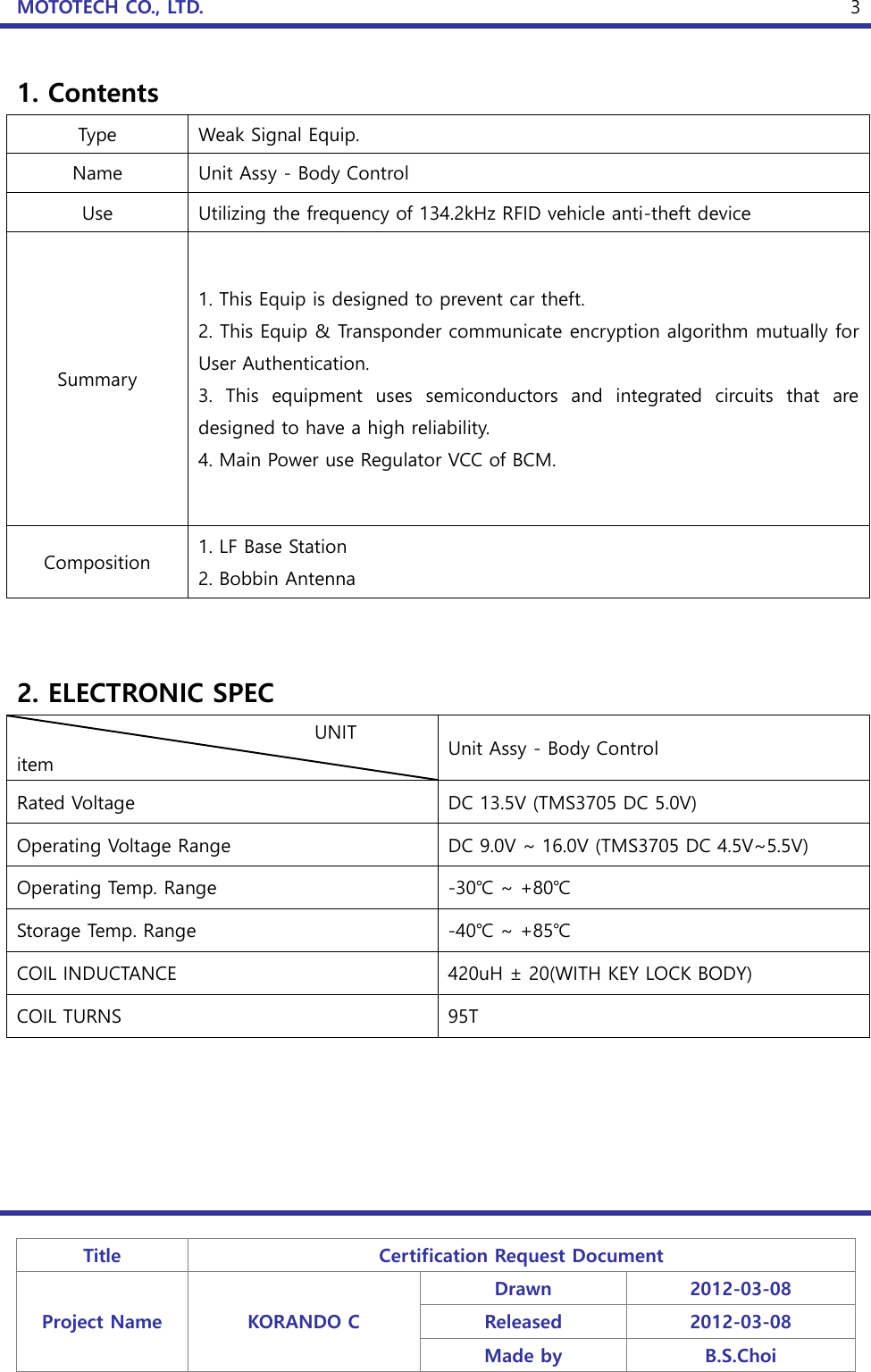 MOTOTECH CO., LTD.   Title Certification Request Document Project Name KORANDO C Drawn 2012-03-08 Released 2012-03-08 Made by B.S.Choi  3 1. Contents Type Weak Signal Equip. Name Unit Assy - Body Control Use Utilizing the frequency of 134.2kHz RFID vehicle anti-theft device Summary 1. This Equip is designed to prevent car theft. 2. This Equip &amp; Transponder communicate encryption algorithm mutually for User Authentication. 3.  This  equipment  uses  semiconductors  and  integrated  circuits  that  are designed to have a high reliability. 4. Main Power use Regulator VCC of BCM. Composition 1. LF Base Station 2. Bobbin Antenna   2. ELECTRONIC SPEC                                 UNIT item Unit Assy - Body Control Rated Voltage DC 13.5V (TMS3705 DC 5.0V) Operating Voltage Range DC 9.0V ~ 16.0V (TMS3705 DC 4.5V~5.5V) Operating Temp. Range -30℃ ~ +80℃ Storage Temp. Range -40℃ ~ +85℃ COIL INDUCTANCE 420uH ± 20(WITH KEY LOCK BODY) COIL TURNS 95T   