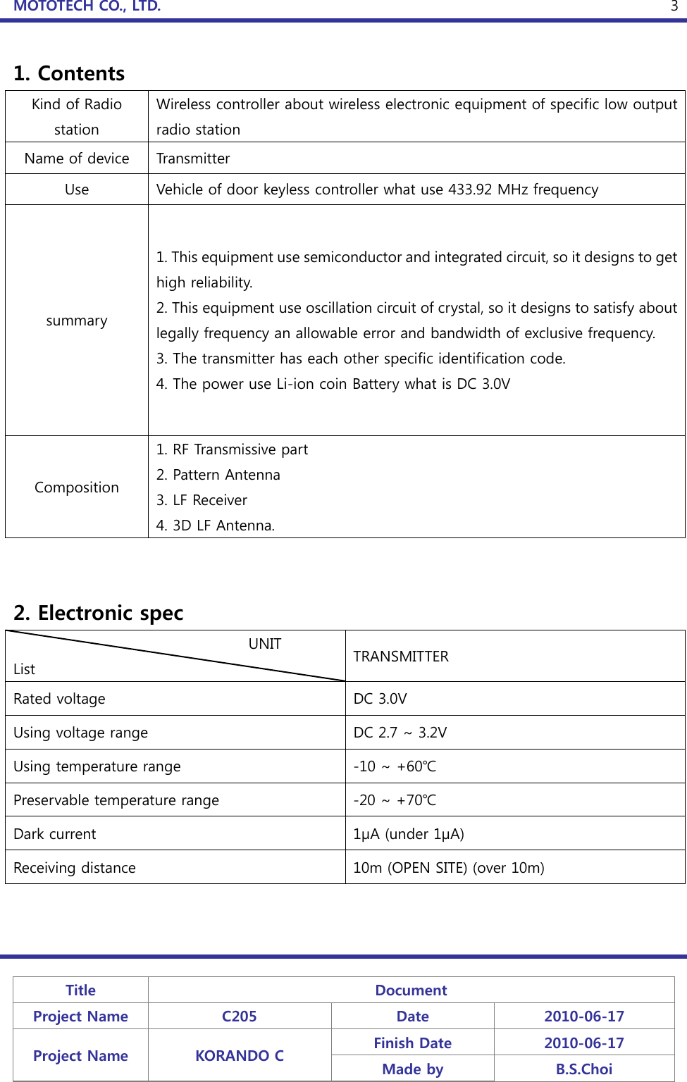 MOTOTECH CO., LTD.   Title  Document Project Name  C205  Date  2010-06-17 Project Name  KORANDO C  Finish Date  2010-06-17 Made by  B.S.Choi  31. Contents Kind of Radio station Wireless controller about wireless electronic equipment of specific low output radio station Name of device  Transmitter Use  Vehicle of door keyless controller what use 433.92 MHz frequency summary 1. This equipment use semiconductor and integrated circuit, so it designs to get high reliability. 2. This equipment use oscillation circuit of crystal, so it designs to satisfy about legally frequency an allowable error and bandwidth of exclusive frequency. 3. The transmitter has each other specific identification code. 4. The power use Li-ion coin Battery what is DC 3.0V Composition 1. RF Transmissive part 2. Pattern Antenna 3. LF Receiver 4. 3D LF Antenna.   2. Electronic spec                                 UNIT List  TRANSMITTER Rated voltage  DC 3.0V Using voltage range  DC 2.7 ~ 3.2V Using temperature range  -10 ~ +60℃ Preservable temperature range  -20 ~ +70℃ Dark current  1μA (under 1μA) Receiving distance  10m (OPEN SITE) (over 10m) 