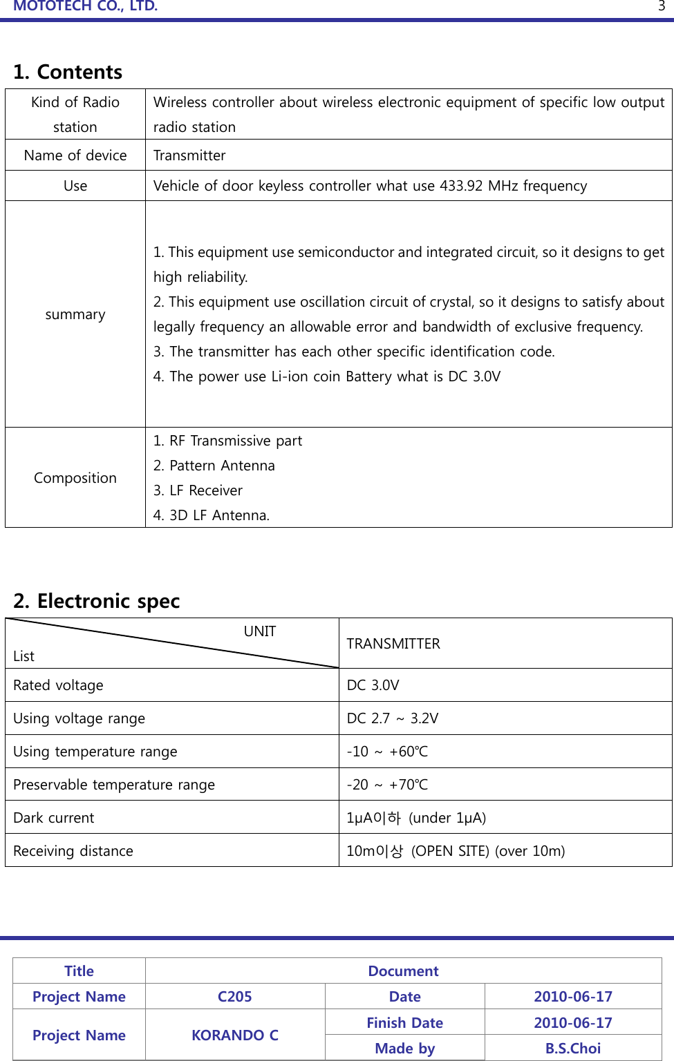 MOTOTECH CO., LTD.   Title  Document Project Name  C205  Date  2010-06-17 Project Name  KORANDO C  Finish Date  2010-06-17 Made by  B.S.Choi  31. Contents Kind of Radio station Wireless controller about wireless electronic equipment of specific low output radio station Name of device  Transmitter Use  Vehicle of door keyless controller what use 433.92 MHz frequency summary 1. This equipment use semiconductor and integrated circuit, so it designs to get high reliability. 2. This equipment use oscillation circuit of crystal, so it designs to satisfy about legally frequency an allowable error and bandwidth of exclusive frequency. 3. The transmitter has each other specific identification code. 4. The power use Li-ion coin Battery what is DC 3.0V Composition 1. RF Transmissive part 2. Pattern Antenna 3. LF Receiver 4. 3D LF Antenna.   2. Electronic spec                                 UNIT List  TRANSMITTER Rated voltage  DC 3.0V Using voltage range  DC 2.7 ~ 3.2V Using temperature range  -10 ~ +60℃ Preservable temperature range  -20 ~ +70℃ Dark current  1μA이하  (under 1μA) Receiving distance  10m이상  (OPEN SITE) (over 10m) 