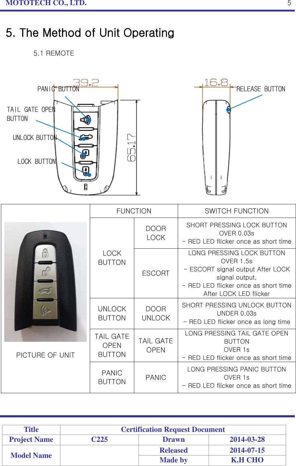 MOTOTECH CO., LTD.   Title Certification Request Document Project Name C225 Drawn 2014-03-28 Model Name  Released 2014-07-15 Made by K.H CHO  5 5. The Method of Unit Operating  5.1 REMOTE         PICTURE OF UNIT FUNCTION SWITCH FUNCTION LOCK BUTTON DOOR LOCK SHORT PRESSING LOCK BUTTON OVER 0.03s - RED LED flicker once as short time ESCORT LONG PRESSING LOCK BUTTON OVER 1.5s - ESCORT signal output After LOCK signal output, - RED LED flicker once as short time After LOCK LED flicker UNLOCK BUTTON DOOR UNLOCK SHORT PRESSING UNLOCK BUTTON UNDER 0.03s - RED LED flicker once as long time TAIL GATE OPEN BUTTON TAIL GATE OPEN LONG PRESSING TAIL GATE OPEN BUTTON OVER 1s   - RED LED flicker once as short time PANIC BUTTON PANIC LONG PRESSING PANIC BUTTON OVER 1s - RED LED flicker once as short time   LOCK BUTTON UNLOCK BUTTON PANIC BUTTON TAIL GATE OPEN BUTTON RELEASE BUTTON 