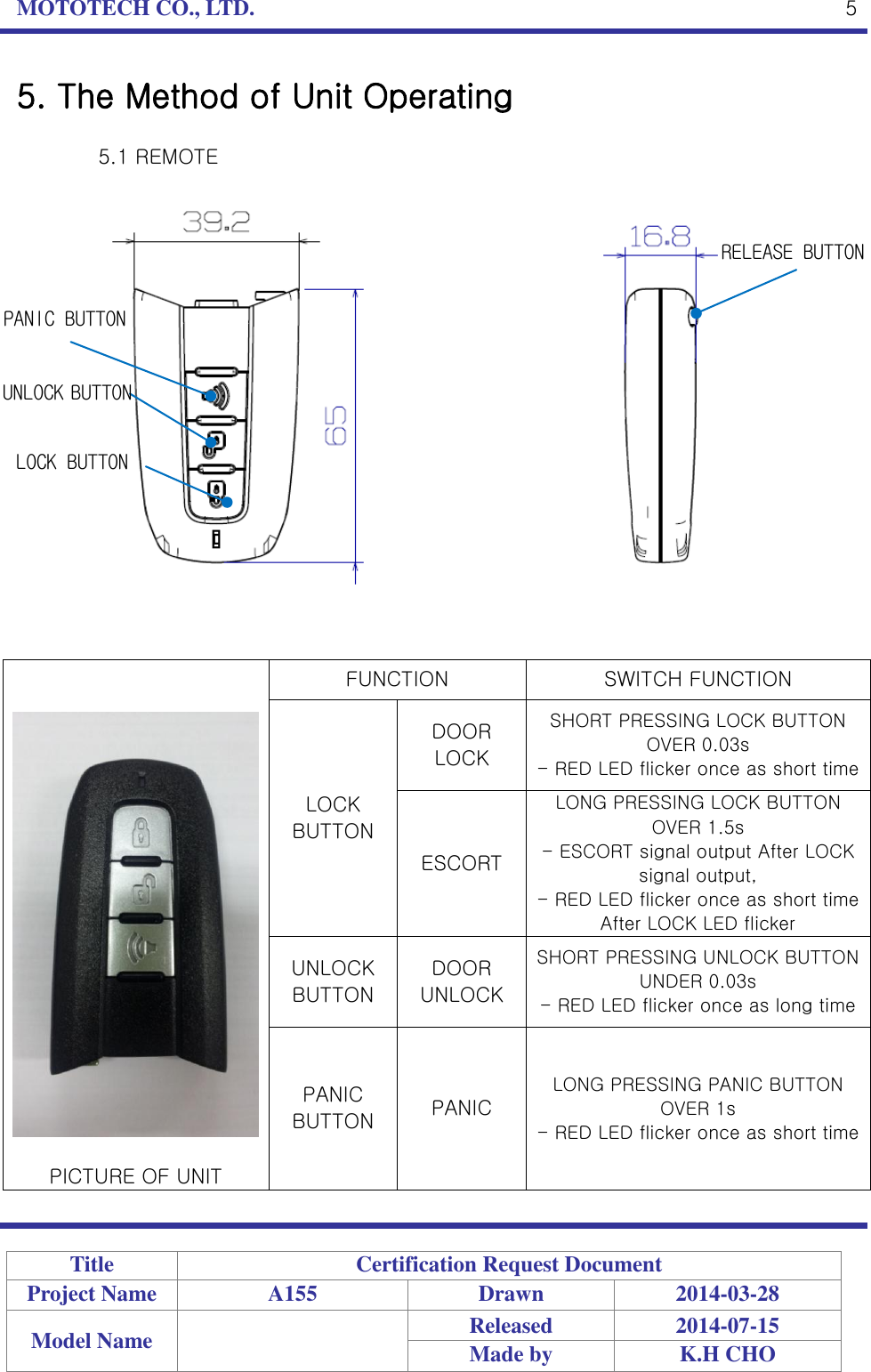 MOTOTECH CO., LTD.   Title Certification Request Document Project Name A155 Drawn 2014-03-28 Model Name  Released 2014-07-15 Made by K.H CHO  5 5. The Method of Unit Operating  5.1 REMOTE           PICTURE OF UNIT FUNCTION SWITCH FUNCTION LOCK BUTTON DOOR LOCK SHORT PRESSING LOCK BUTTON OVER 0.03s - RED LED flicker once as short time ESCORT LONG PRESSING LOCK BUTTON OVER 1.5s - ESCORT signal output After LOCK signal output, - RED LED flicker once as short time After LOCK LED flicker UNLOCK BUTTON DOOR UNLOCK SHORT PRESSING UNLOCK BUTTON UNDER 0.03s - RED LED flicker once as long time PANIC BUTTON PANIC LONG PRESSING PANIC BUTTON OVER 1s - RED LED flicker once as short time  RELEASE BUTTON LOCK BUTTON UNLOCK BUTTON PANIC BUTTON 