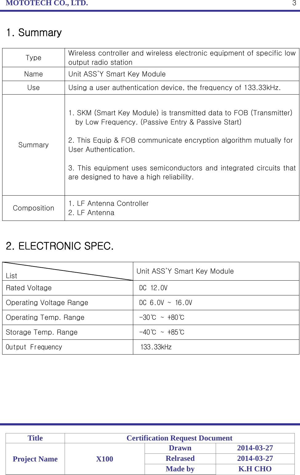 MOTOTECH CO., LTD.   Title  Certification Request Document Project Name  X100 Drawn 2014-03-27 Relrased 2014-03-27 Made by  K.H CHO  31. Summary  Type  Wireless controller and wireless electronic equipment of specific low output radio station Name  Unit ASS’Y Smart Key Module Use  Using a user authentication device, the frequency of 133.33kHz. Summary 1. SKM (Smart Key Module) is transmitted data to FOB (Transmitter) by Low Frequency. (Passive Entry &amp; Passive Start)  2. This Equip &amp; FOB communicate encryption algorithm mutually for User Authentication.  3. This equipment uses semiconductors and integrated circuits that are designed to have a high reliability. Composition  1. LF Antenna Controller 2. LF Antenna   2. ELECTRONIC SPEC.                                  List  Unit ASS’Y Smart Key Module Rated Voltage  DC 12.0V Operating Voltage Range  DC 6.0V ~ 16.0V Operating Temp. Range  -30℃ ~ +80℃ Storage Temp. Range  -40℃ ~ +85℃ Output Frequency  133.33kHz 