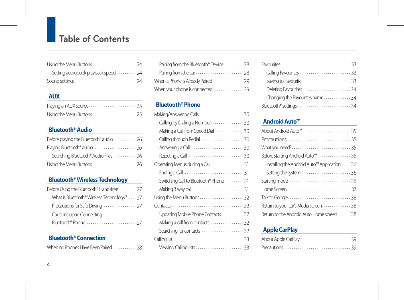  Table of ContentsUsing the Menu Buttons24Setting audiobook playback speed24Sound settings24AUXPlaying an AUX source25Using the Menu Buttons25Bluetooth® AudioBefore playing the Bluetooth® audio26Playing Bluetooth® audio26Searching Bluetooth® Audio Files26Using the Menu Buttons26Bluetooth® Wireless TechnologyBefore Using the Bluetooth® Handsfree27What is Bluetooth® Wireless Technology?27Precautions for Safe Driving27Cautions upon Connecting  Bluetooth® Phone 27Bluetooth® ConnectionWhen no Phones Have Been Paired28Pairing from the Bluetooth® Device28Pairing from the car28When a Phone is Already Paired29When your phone is connected29Bluetooth® PhoneMaking/Answering Calls30Calling by Dialing a Number30Making a Call from Speed Dial30Calling through Redial30Answering a Call30Rejecting a Call30Operating Menus during a Call31Ending a Call31Switching Call to Bluetooth® Phone31Making 3 way call31Using the Menu Buttons32Contacts32Updating Mobile Phone Contacts32Making a call from contacts 32Searching for contacts32Calling list33Viewing Calling lists33Favourites33Calling Favourites33Saving to Favourite33Deleting Favourites34Changing the Favourites name34Bluetooth® settings34Android Auto™About Android Auto™35 Precautions35What you need?35Before starting Android Auto™36Installing the Android Auto™ Application36Setting the system36Starting mode36Home Screen37Talk to Google38Return to your car’s Media screen38Return to the Android Auto Home screen 38Apple CarPlay About Apple CarPlay39Precautions39