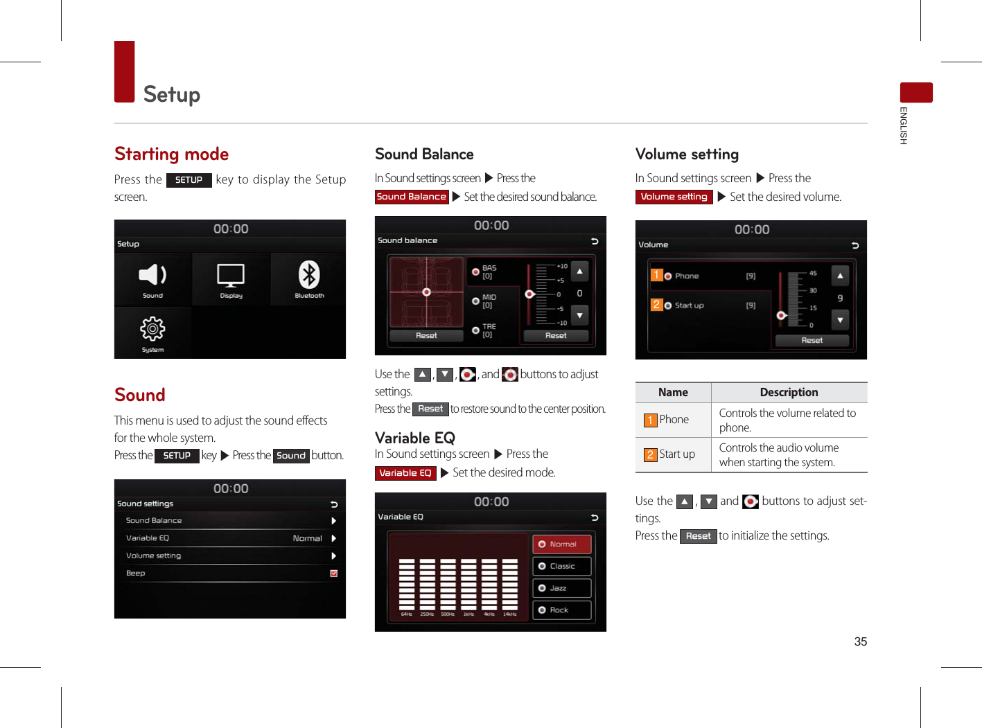 SetupENGLISHStarting modePress the 6(783 key to display the Setup screen.SoundThis menu is used to adjust the sound effectsfor the whole system.Press the 6(783 key ▶ Press the 6RXQG button.Sound BalanceIn Sound settings screen ▶ Press the 6RXQG%DODQFH ▶ Set the desired sound balance.Use the  ԟ , ԣ ,   , and   buttons to adjust settings. Press the 5HVHW to restore sound to the center position.Variable EQIn Sound settings screen ▶ Press the 9DULDEOH(4 ▶ Set the desired mode. Volume setting In Sound settings screen ▶ Press the 9ROXPHVHWWLQJ ▶ Set the desired volume.Name Description1 Phone Controls the volume related tophone.2 Start up Controls the audio volumewhen starting the system.Use the ԟ , ԣ and   buttons to adjust set-tings. Press the 5HVHW to initialize the settings.12