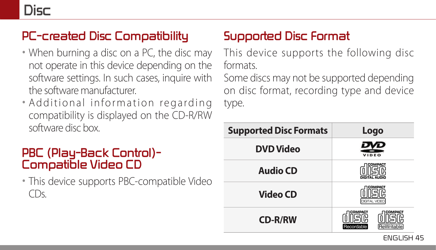  ENGLISH 45 DiscPC-created Disc Compatibility••When burning a disc on a PC, the disc may not operate in this device depending on the software settings. In such cases, inquire with the software manufacturer.••Additional information regarding compatibility is displayed on the CD-R/RW software disc box.PBC (Play-Back Control)-Compatible Video CD••This device supports PBC-compatible Video CDs.Supported Disc FormatThis device supports the following disc formats.Some discs may not be supported depending on disc format, recording type and device type.Supported Disc Formats LogoDVD VideoAudio CDVideo CDCD-R/RW      