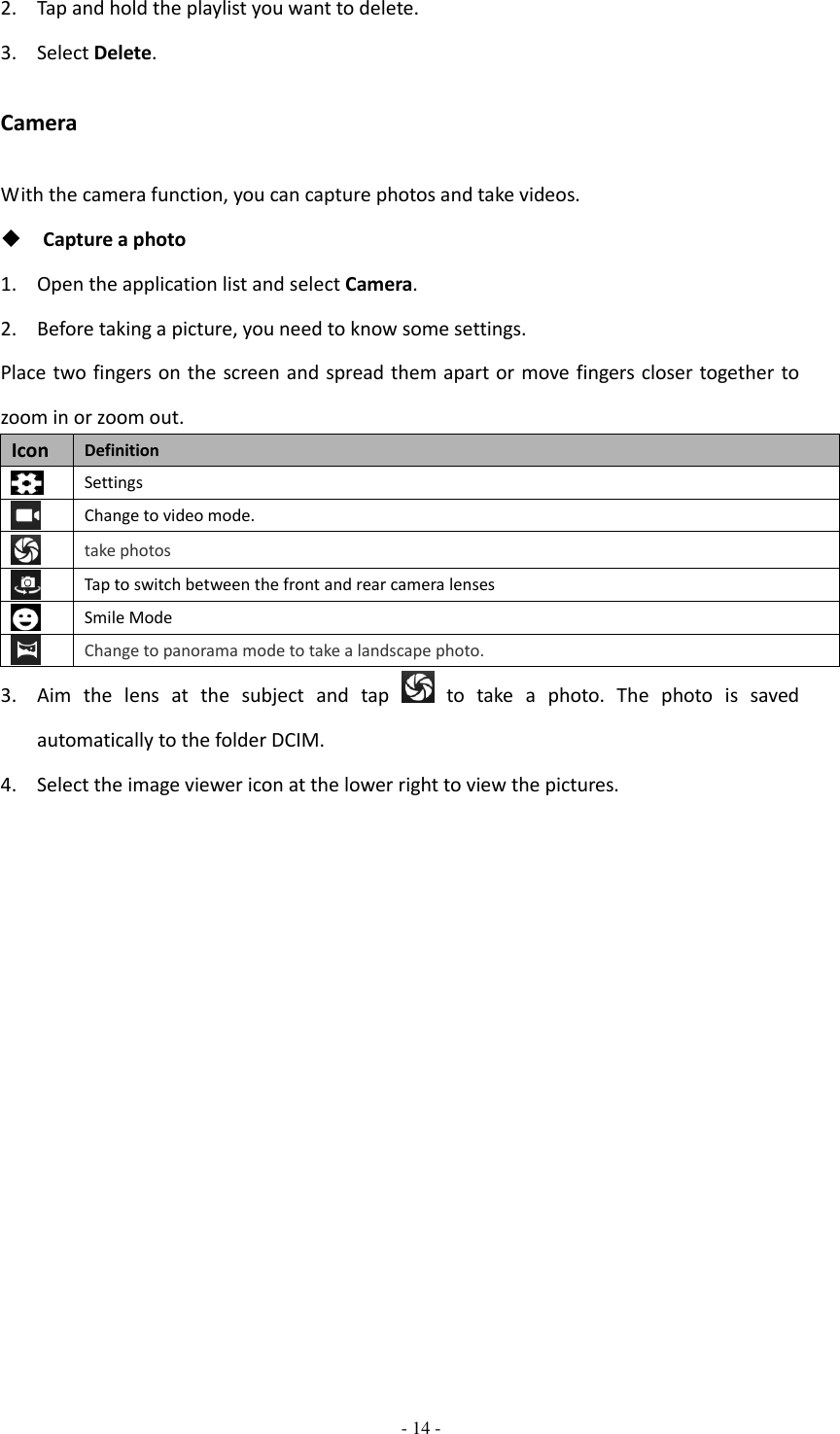  - 14 -  2. Tap and hold the playlist you want to delete. 3. Select Delete. Camera With the camera function, you can capture photos and take videos.  Capture a photo 1. Open the application list and select Camera. 2. Before taking a picture, you need to know some settings. Place two fingers on the screen and spread them apart or move fingers closer together to zoom in or zoom out. Icon Definition  Settings  Change to video mode.  take photos  Tap to switch between the front and rear camera lenses  Smile Mode  Change to panorama mode to take a landscape photo. 3. Aim  the  lens  at  the  subject  and  tap    to  take  a  photo.  The  photo  is  saved automatically to the folder DCIM. 4. Select the image viewer icon at the lower right to view the pictures.