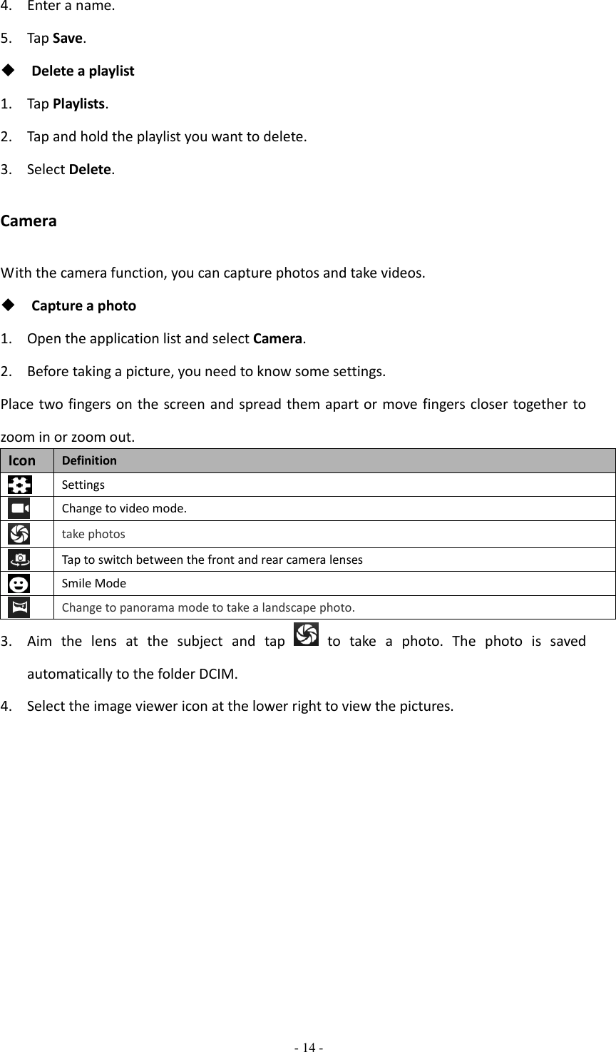  - 14 -  4. Enter a name. 5. Tap Save.  Delete a playlist 1. Tap Playlists. 2. Tap and hold the playlist you want to delete. 3. Select Delete. Camera With the camera function, you can capture photos and take videos.  Capture a photo 1. Open the application list and select Camera. 2. Before taking a picture, you need to know some settings. Place two fingers on the screen and spread them apart or  move fingers closer together to zoom in or zoom out. Icon Definition  Settings  Change to video mode.  take photos  Tap to switch between the front and rear camera lenses  Smile Mode  Change to panorama mode to take a landscape photo. 3. Aim  the  lens  at  the  subject  and  tap    to  take  a  photo.  The  photo  is  saved automatically to the folder DCIM. 4. Select the image viewer icon at the lower right to view the pictures.