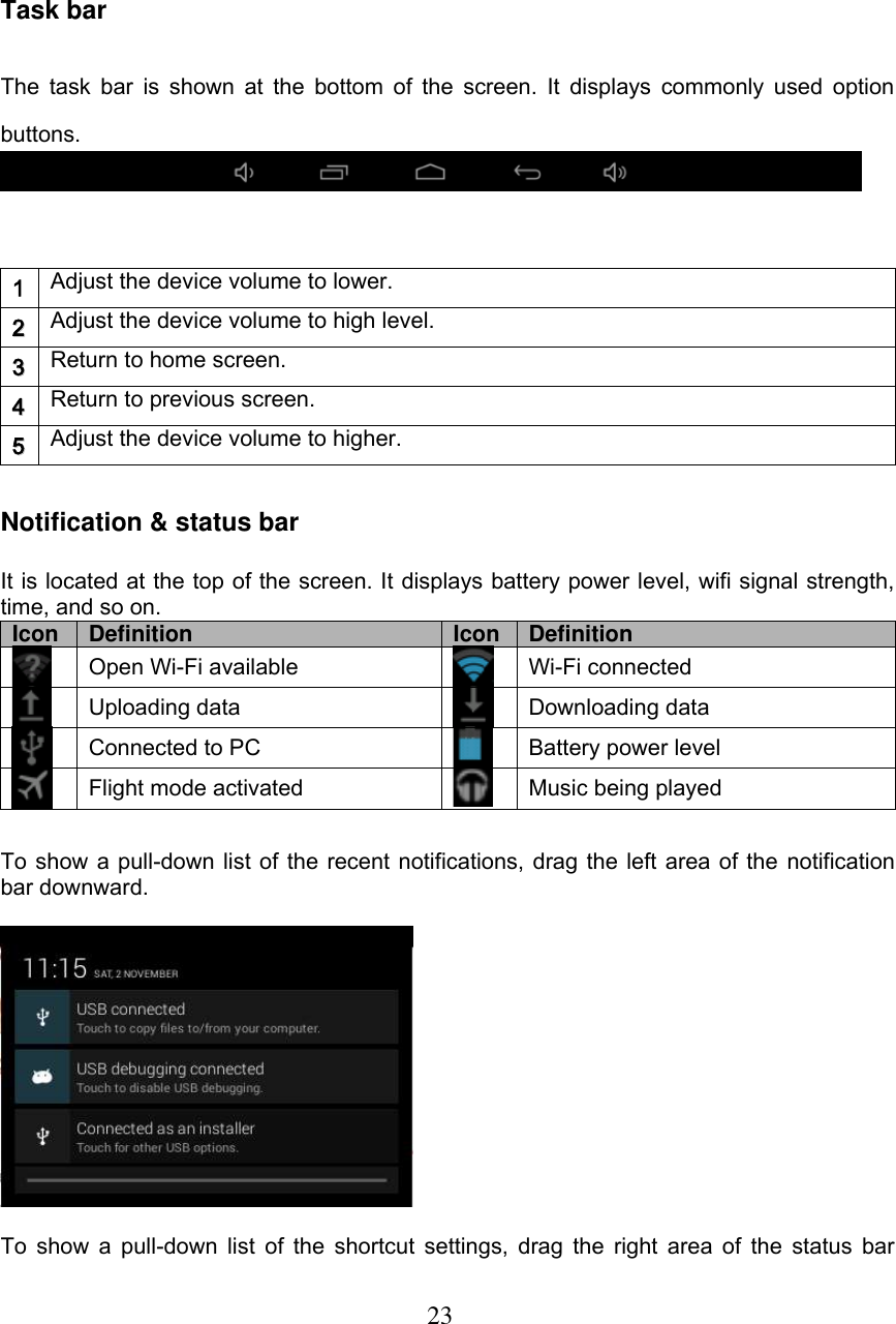  23   Task bar The task bar is  shown  at  the  bottom  of  the screen.  It  displays  commonly  used  option buttons.    1 Adjust the device volume to lower. 22 Adjust the device volume to high level. 33 Return to home screen. 44 Return to previous screen. 55 Adjust the device volume to higher. Notification &amp; status bar It is located at the top of the screen. It displays battery power level, wifi signal strength, time, and so on. Icon Definition Icon Definition  Open Wi-Fi available  Wi-Fi connected  Uploading data  Downloading data  Connected to PC  Battery power level  Flight mode activated  Music being played   To show a pull-down list of the recent notifications, drag the left area of the notification bar downward.    To show  a pull-down list of the  shortcut settings, drag  the right area of  the status bar 