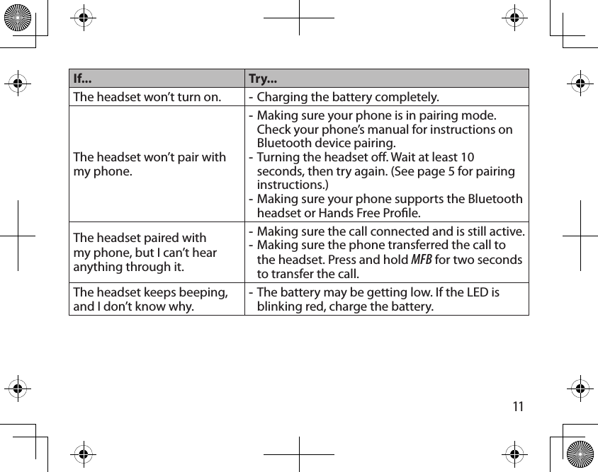 11If... Try...The headset won’t turn on. Charging the battery completely.-The headset won’t pair with my phone.Making sure your phone is in pairing mode. Check your phone’s manual for instructions on Bluetooth device pairing.Turning the headset o. Wait at least 10 seconds, then try again. (See page 5 for pairing instructions.)Making sure your phone supports the Bluetooth headset or Hands Free Prole.---The headset paired with my phone, but I can’t hear anything through it.Making sure the call connected and is still active.Making sure the phone transferred the call to the headset. Press and hold MFB for two seconds to transfer the call.--The headset keeps beeping, and I don’t know why.The battery may be getting low. If the LED is blinking red, charge the battery.-